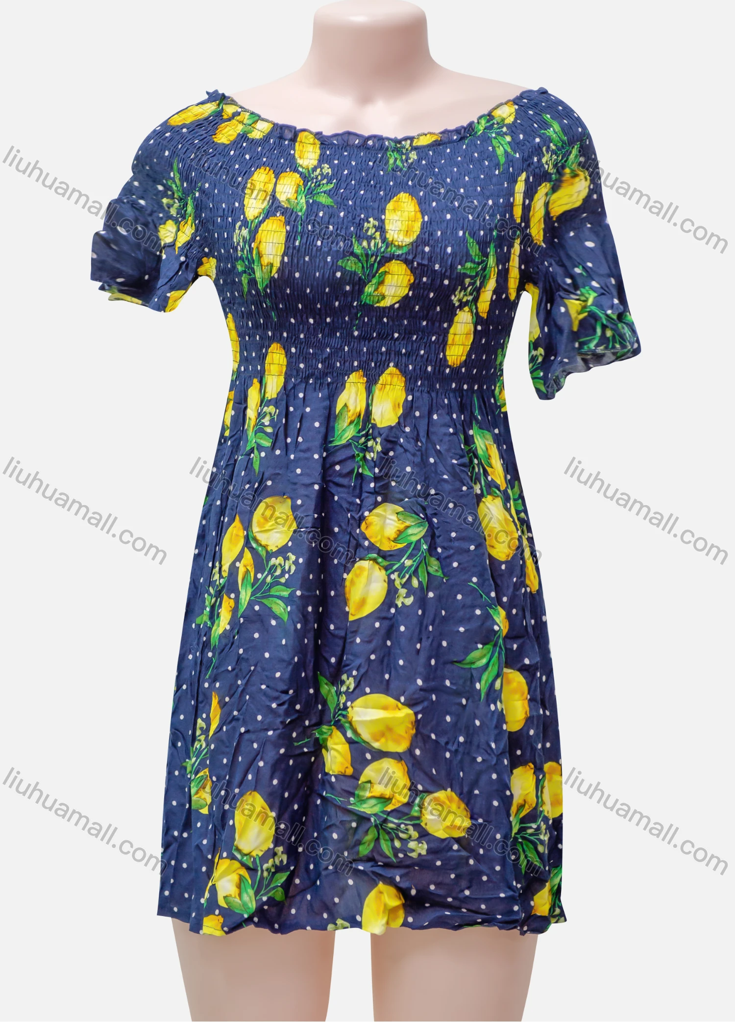 Wholesale Women's Casual Allover Print Bateau Neck Short Sleeve Shirred Ruffle Hem Short Dress - Liuhuamall