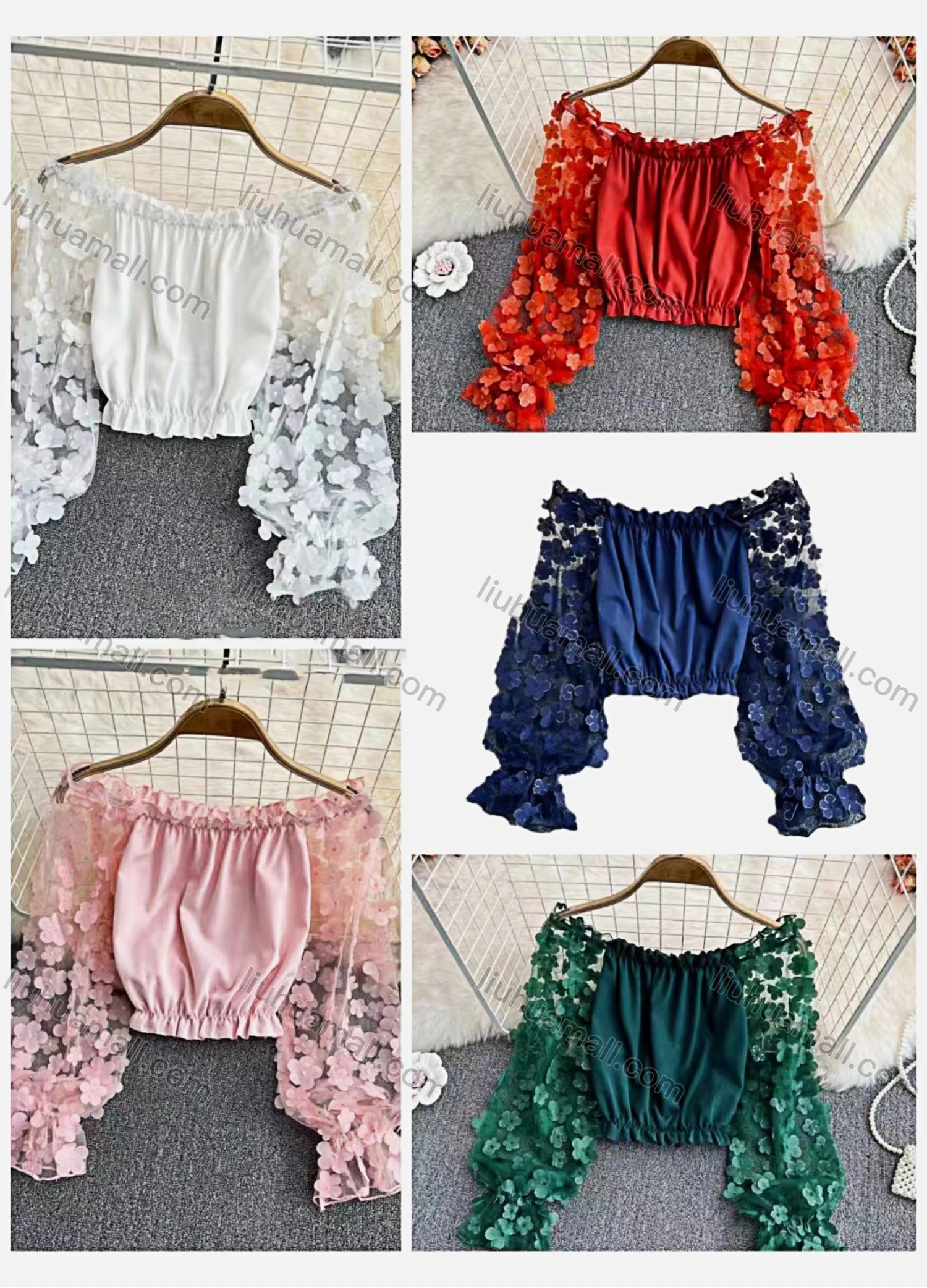 Wholesale Women's Causal Crop Off Shoulder Appliques Lace Sleeve Floral Print Blouse - Liuhuamall