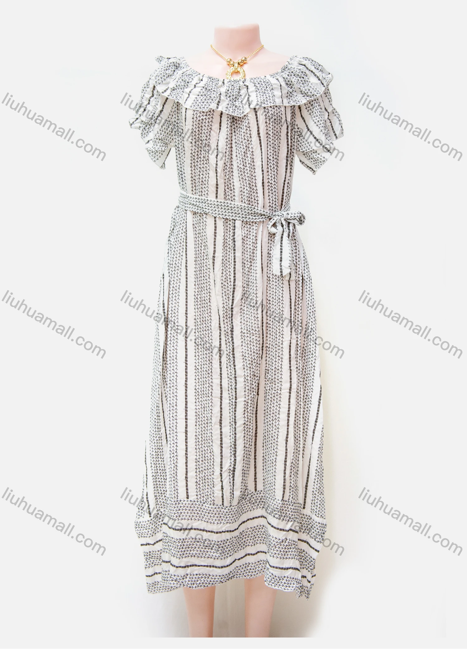 Wholesale Women's Casual Allover Print Bateau Neck Ruffle Trim Short Sleeve Tie Side Midi Dress - Liuhuamall