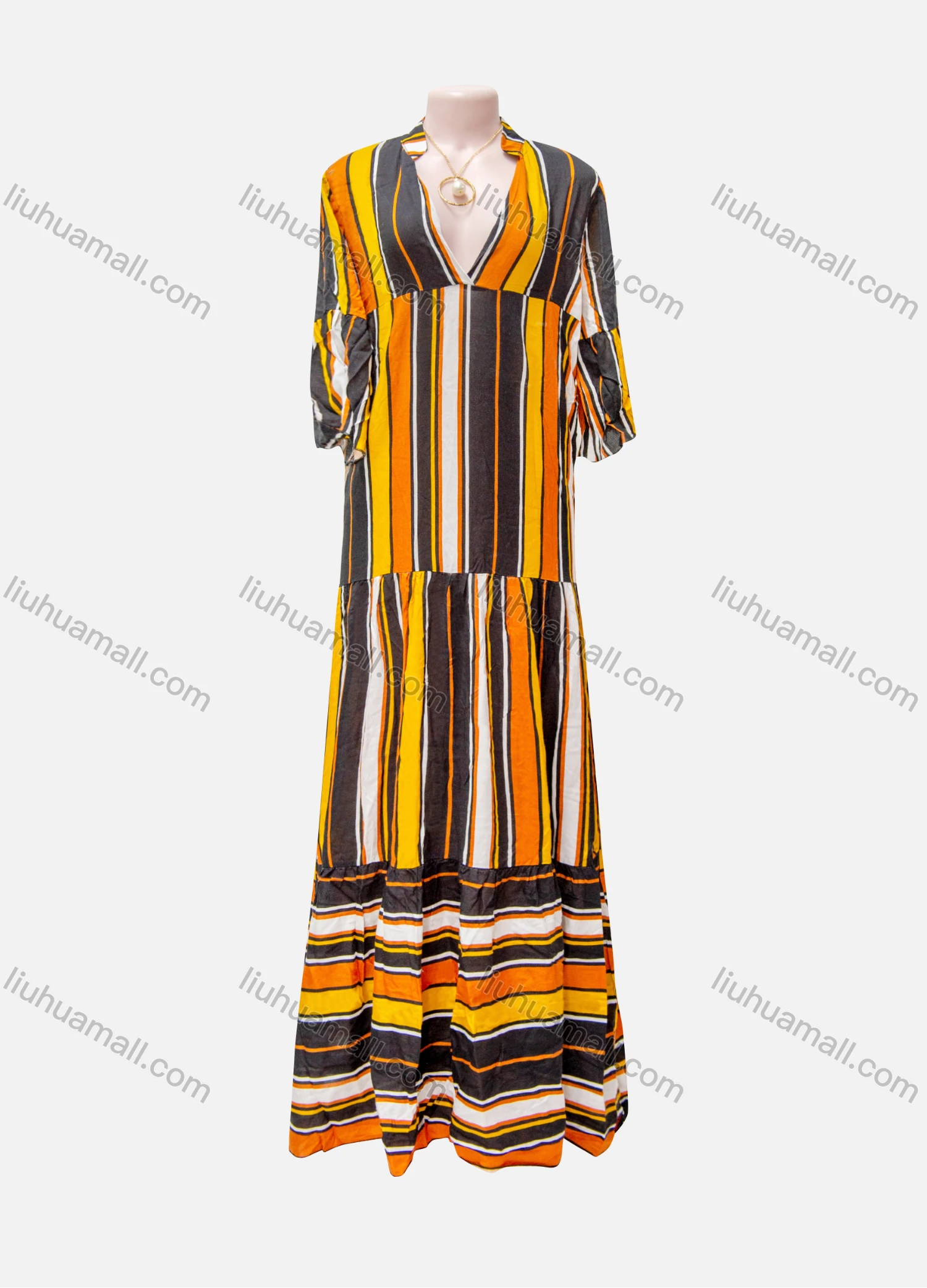 Wholesale Women's Casual Striped V Neck Half Sleeve Ruffle Hem Maxi Dress - Liuhuamall