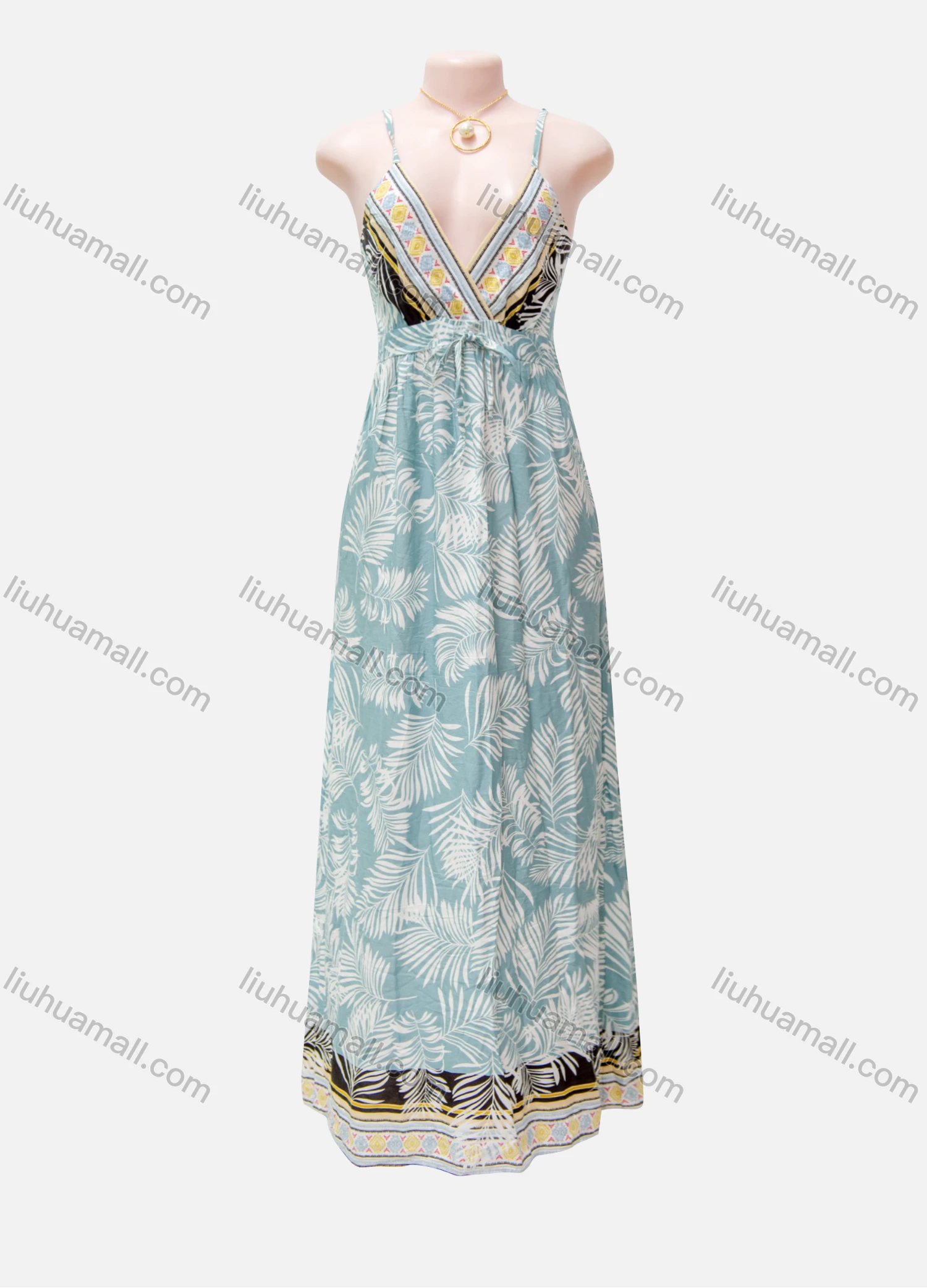 Wholesale Women's Casual Allover Print Spaghetti Straps Wrap V Neck Tie Front Ruffle Hem Maxi Dress - Liuhuamall