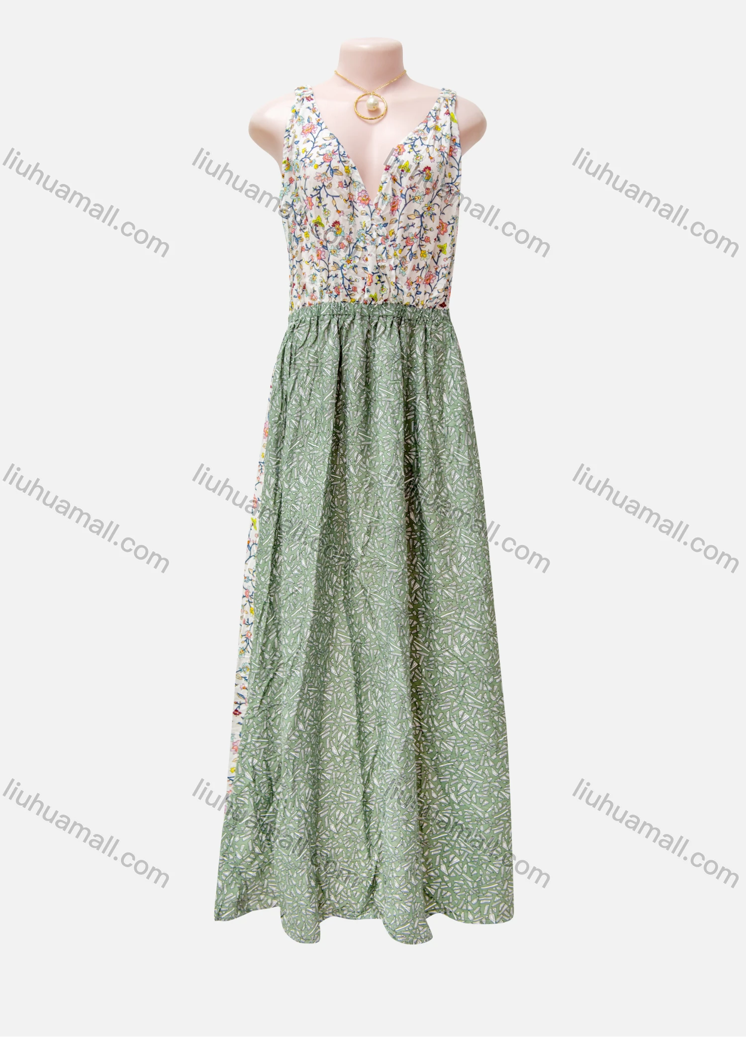 Wholesale Women's Casual Allover Print Colorblock Ruffle Hem Maxi Cami Dress - Liuhuamall