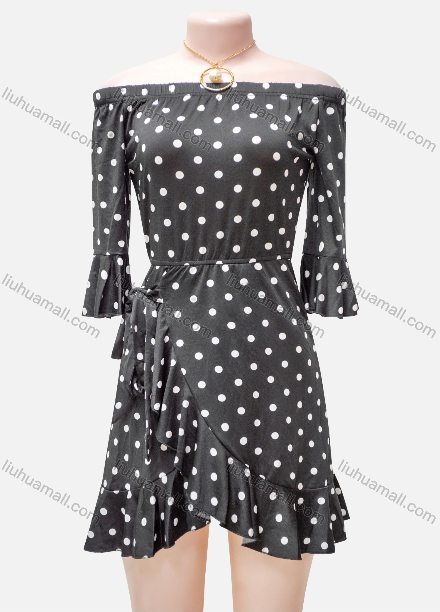 Wholesale Women's Casual Polka Dot Off Shoulder 3/4 Sleeve Wrap Hem Short Dress - Liuhuamall