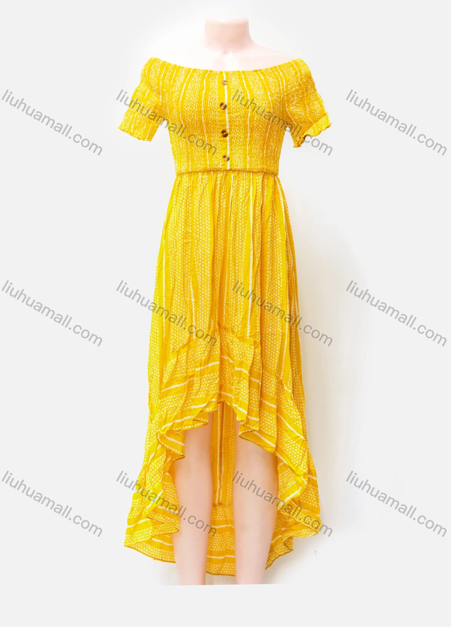 Wholesale Women's Casual Alloverr Print Shirred Off Shoulder Button Front High Low Hem Midi Dress - Liuhuamall