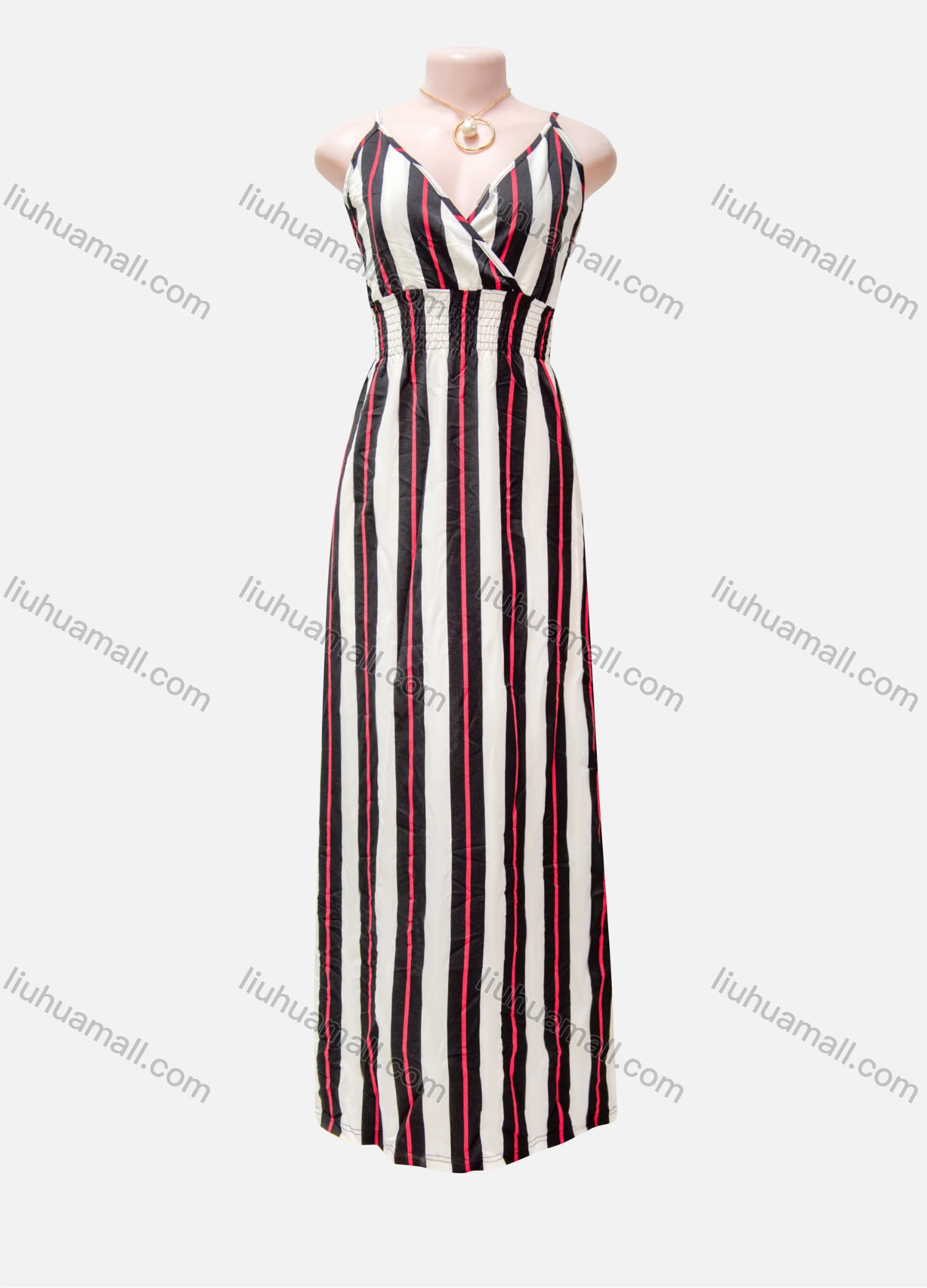 Wholesale Women's Casual Striped Spaghetti Straps Wrap V Neck Shirred Maxi Dress - Liuhuamall