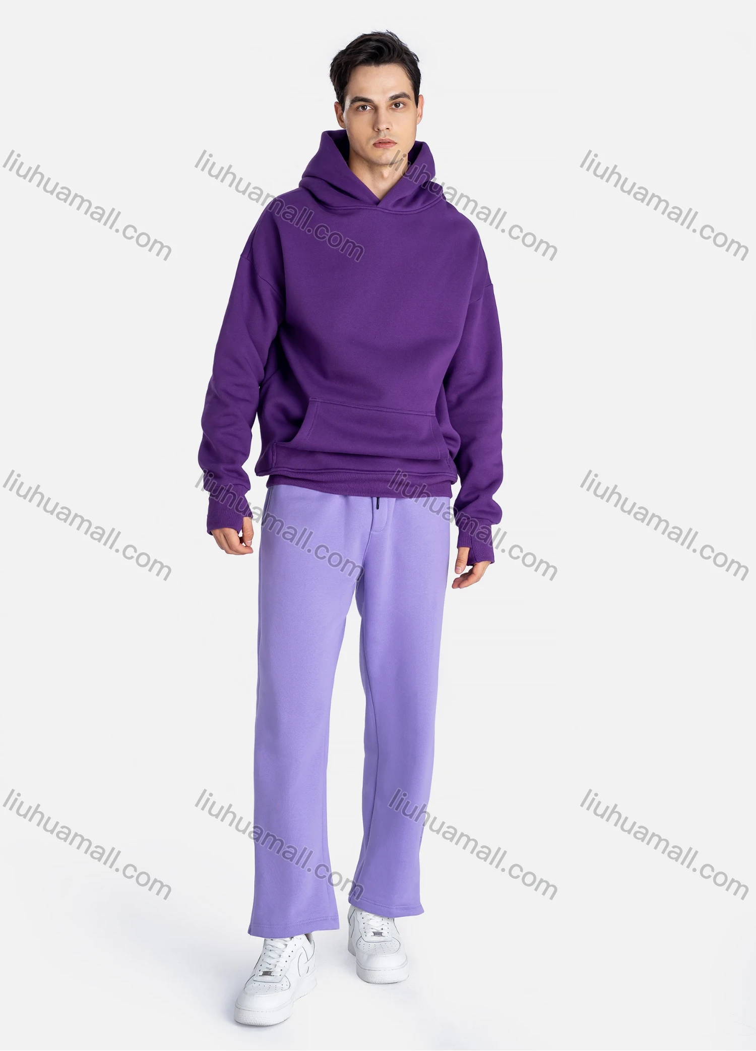 Wholesale Unisex Fashion Plain Long Sleeve Kangaroo Pocket Hooded Sweatshirts & Drawstring Pants 2 Piece Set - Liuhuamall