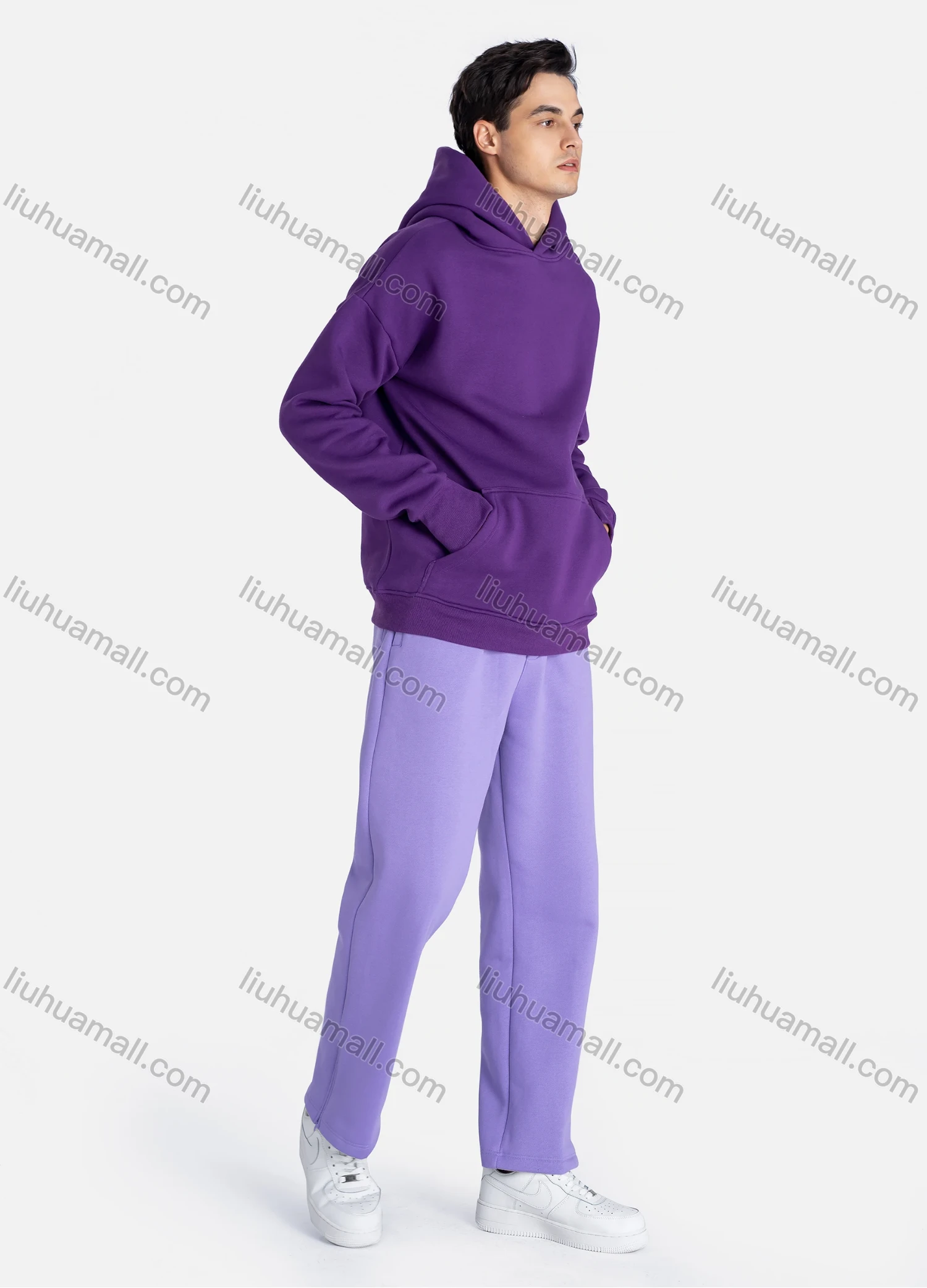 Wholesale Unisex Fashion Plain Long Sleeve Kangaroo Pocket Hooded Sweatshirts & Drawstring Pants 2 Piece Set - Liuhuamall