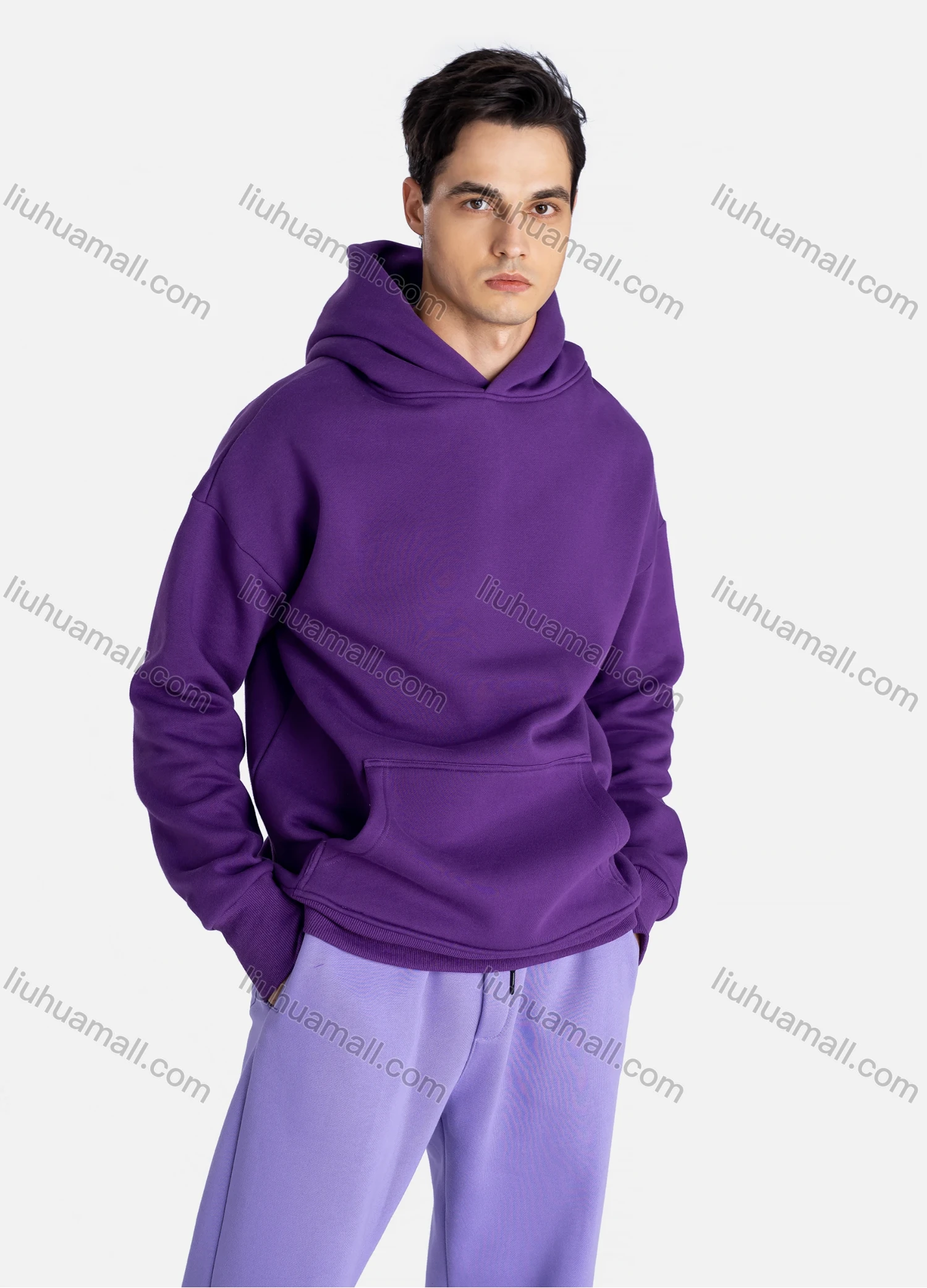Wholesale Unisex Fashion Plain Long Sleeve Kangaroo Pocket Hooded Sweatshirts & Drawstring Pants 2 Piece Set - Liuhuamall