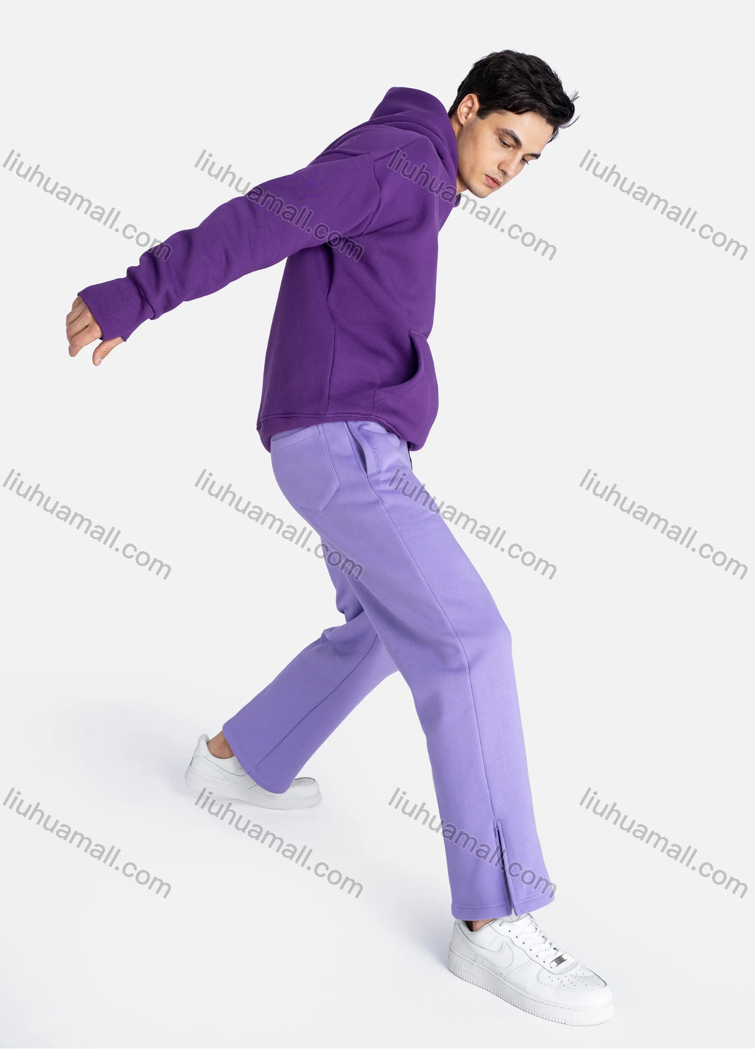 Wholesale Unisex Fashion Plain Long Sleeve Kangaroo Pocket Hooded Sweatshirts & Drawstring Pants 2 Piece Set - Liuhuamall