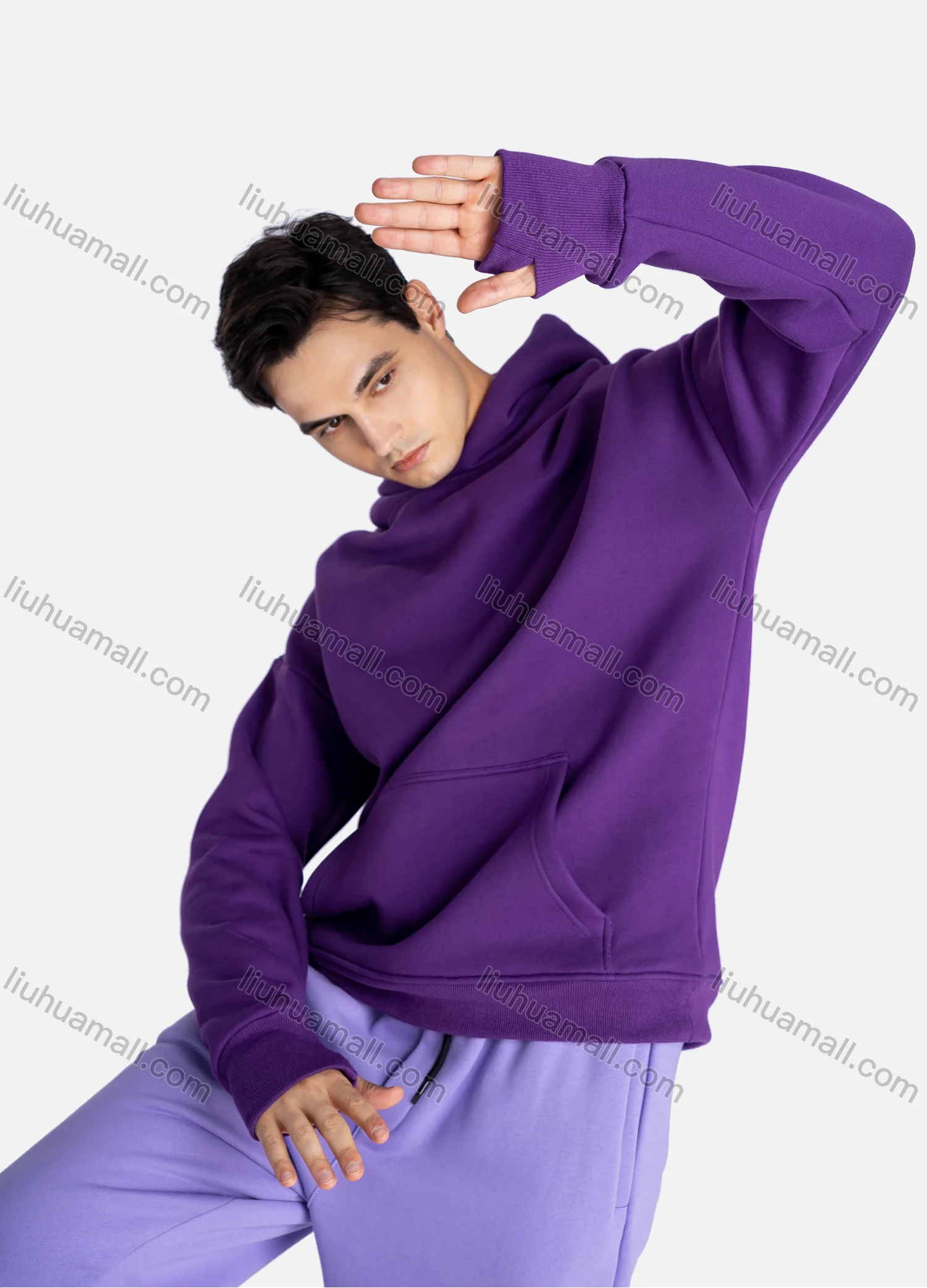 Wholesale Unisex Fashion Plain Long Sleeve Kangaroo Pocket Hooded Sweatshirts & Drawstring Pants 2 Piece Set - Liuhuamall