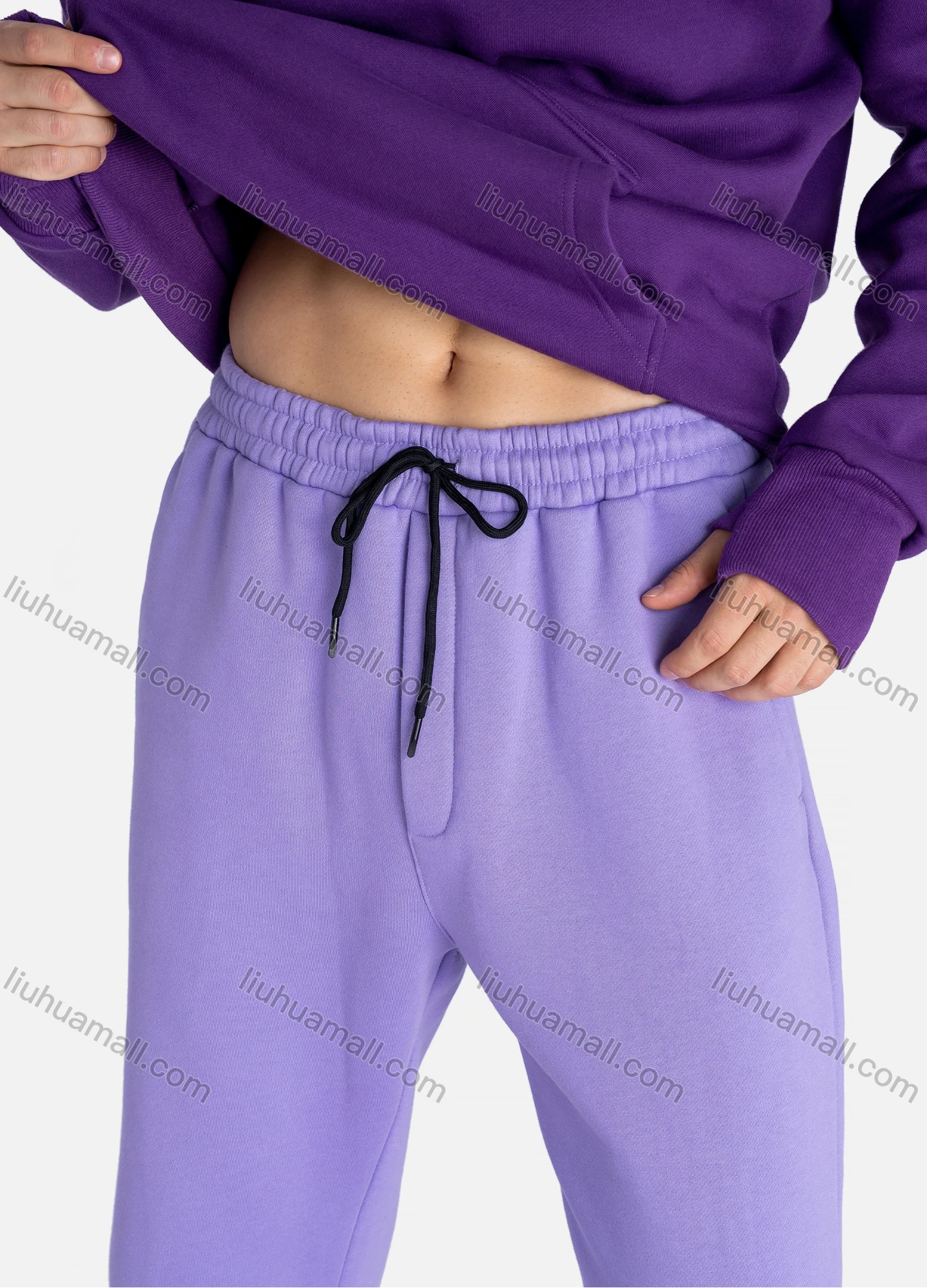 Wholesale Unisex Fashion Plain Long Sleeve Kangaroo Pocket Hooded Sweatshirts & Drawstring Pants 2 Piece Set - Liuhuamall