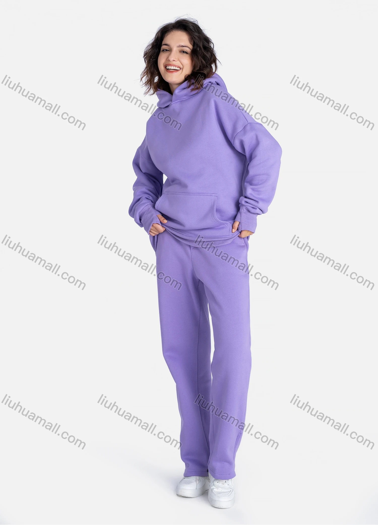 Wholesale Unisex Fashion Plain Long Sleeve Kangaroo Pocket Hooded Sweatshirts & Drawstring Pants 2 Piece Set - Liuhuamall