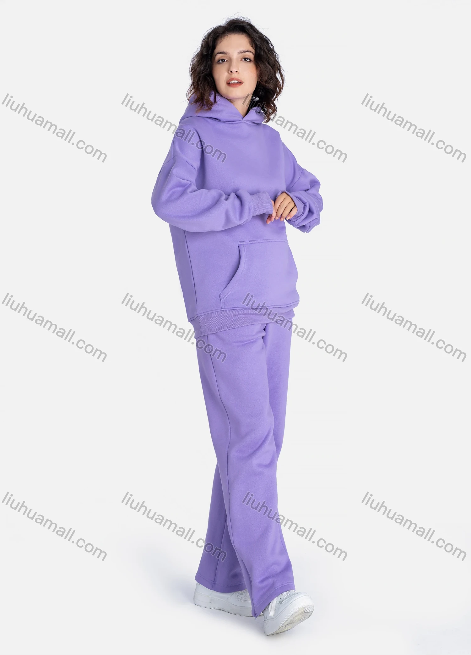 Wholesale Unisex Fashion Plain Long Sleeve Kangaroo Pocket Hooded Sweatshirts & Drawstring Pants 2 Piece Set - Liuhuamall