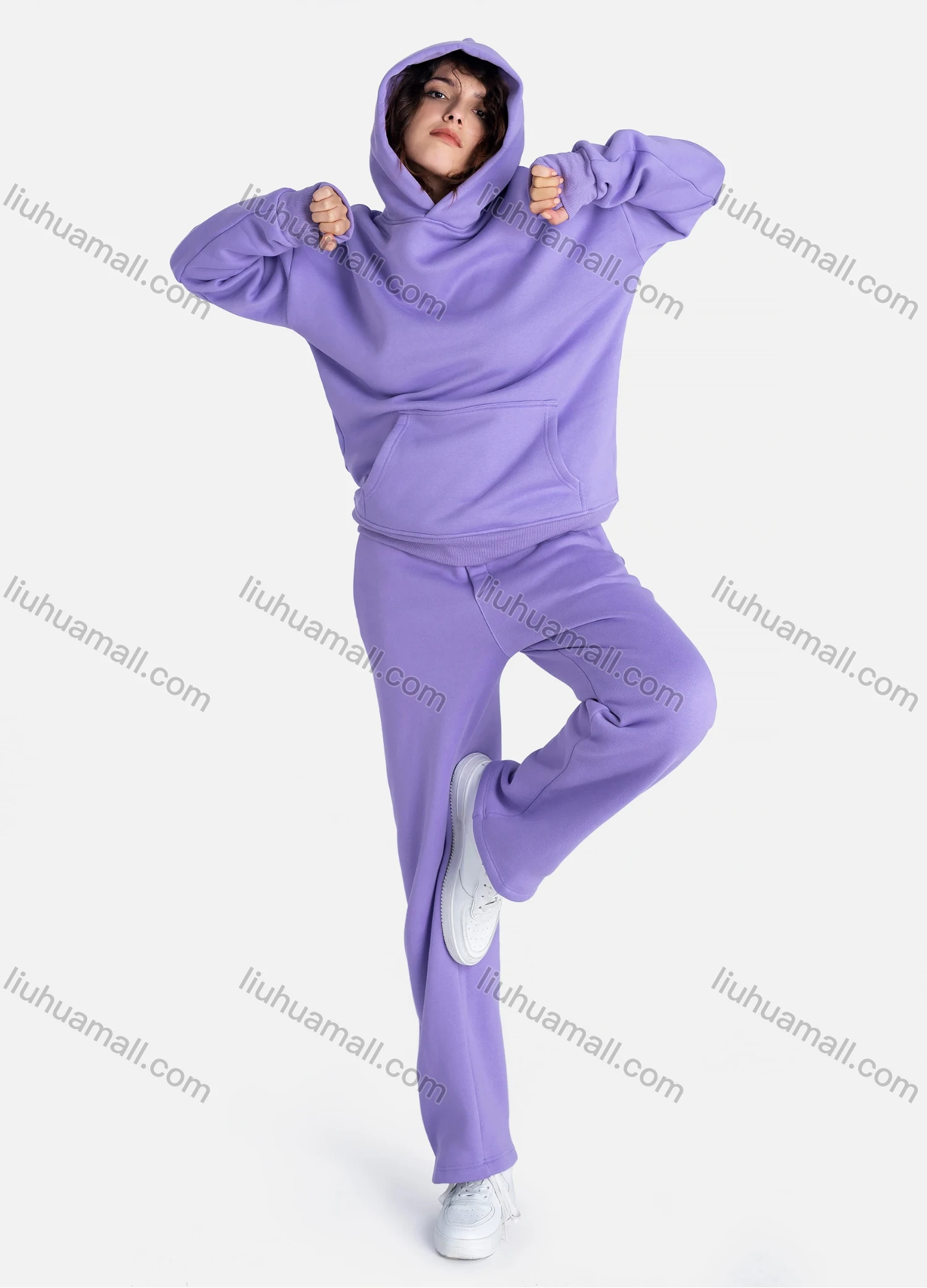 Wholesale Unisex Fashion Plain Long Sleeve Kangaroo Pocket Hooded Sweatshirts & Drawstring Pants 2 Piece Set - Liuhuamall