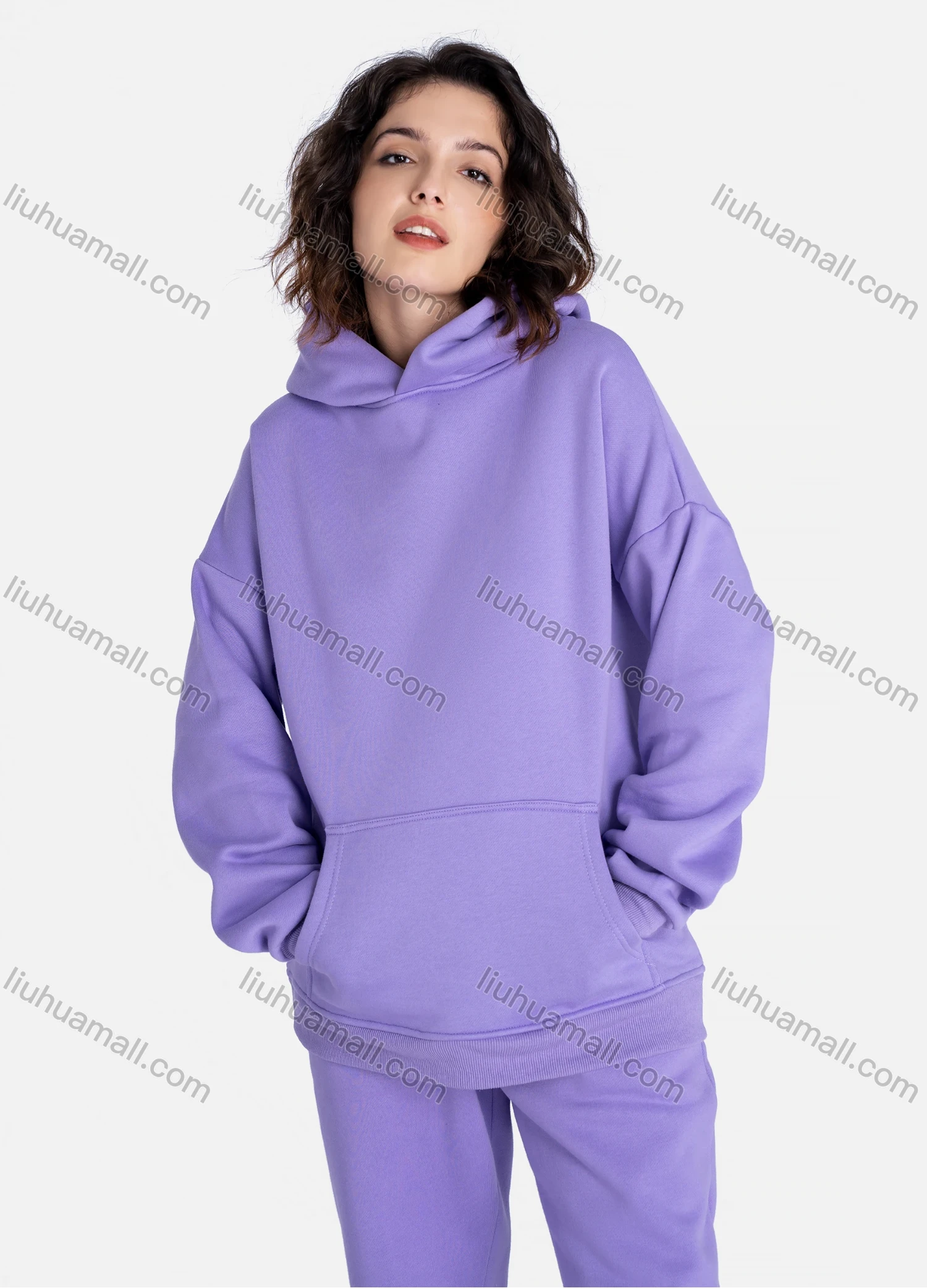 Wholesale Unisex Fashion Plain Long Sleeve Kangaroo Pocket Hooded Sweatshirts & Drawstring Pants 2 Piece Set - Liuhuamall