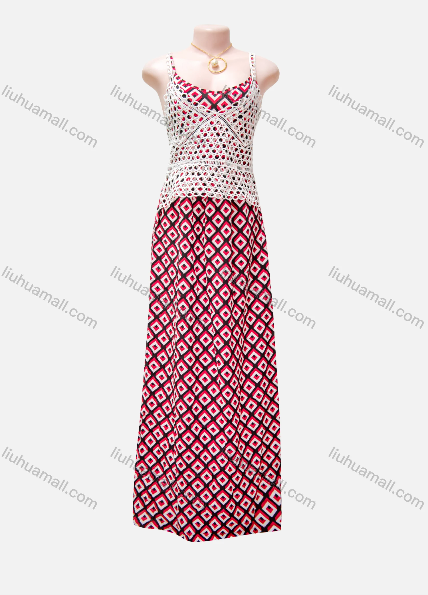 Wholesale Women's Casual Allover Print Spaghetti Straps Cami Maxi Dress With Cut Out Lace Vest - Liuhuamall