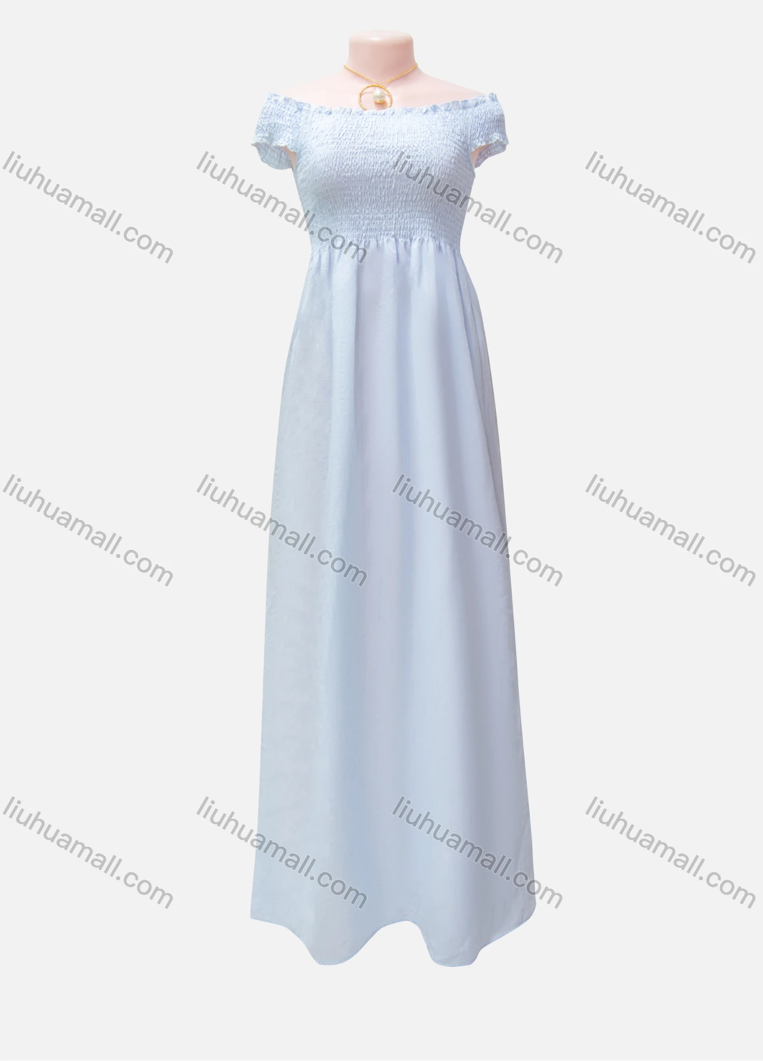 Wholesale Women's Casual Plain Shirred Off Shoulder Ruffle Hem Maxi Dress - Liuhuamall