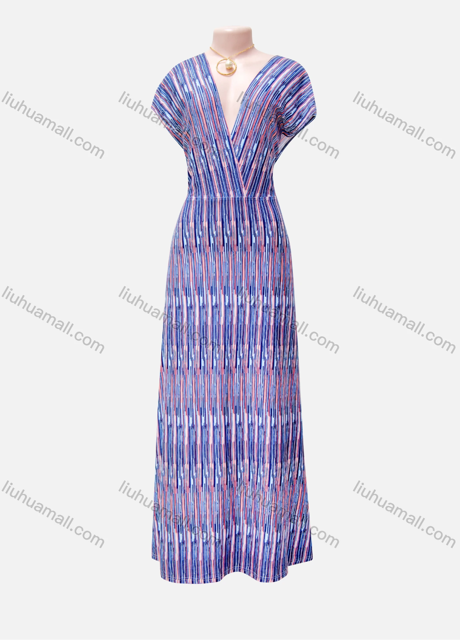 Wholesale Women's Casual Striped Wrap V Neck Batwing Sleeve Ruffle Hem Maxi Dress - Liuhuamall