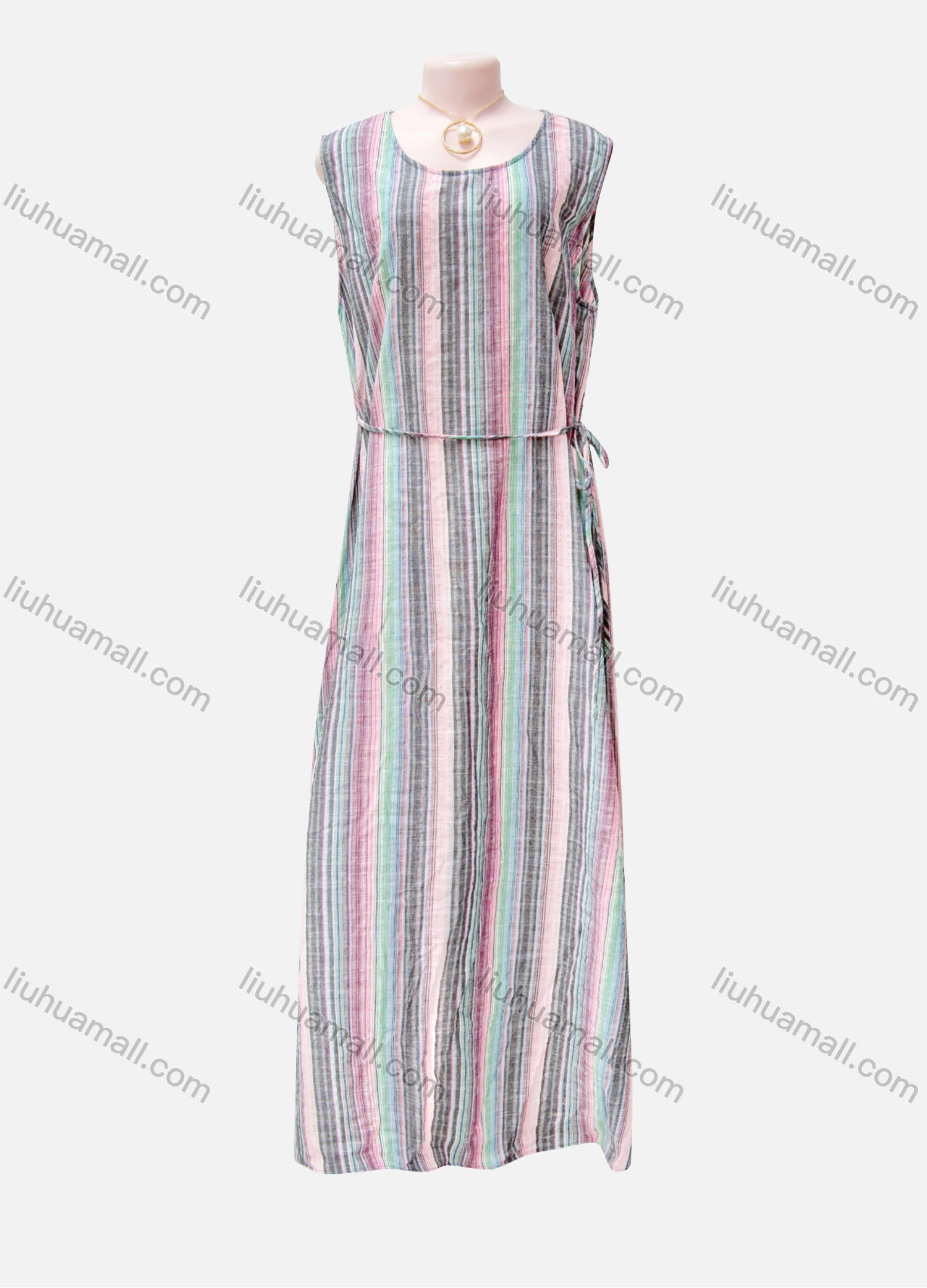 Wholesale Women's Casual Striped Colorblock Round Neck Tie Side Maxi Tank Dress - Liuhuamall
