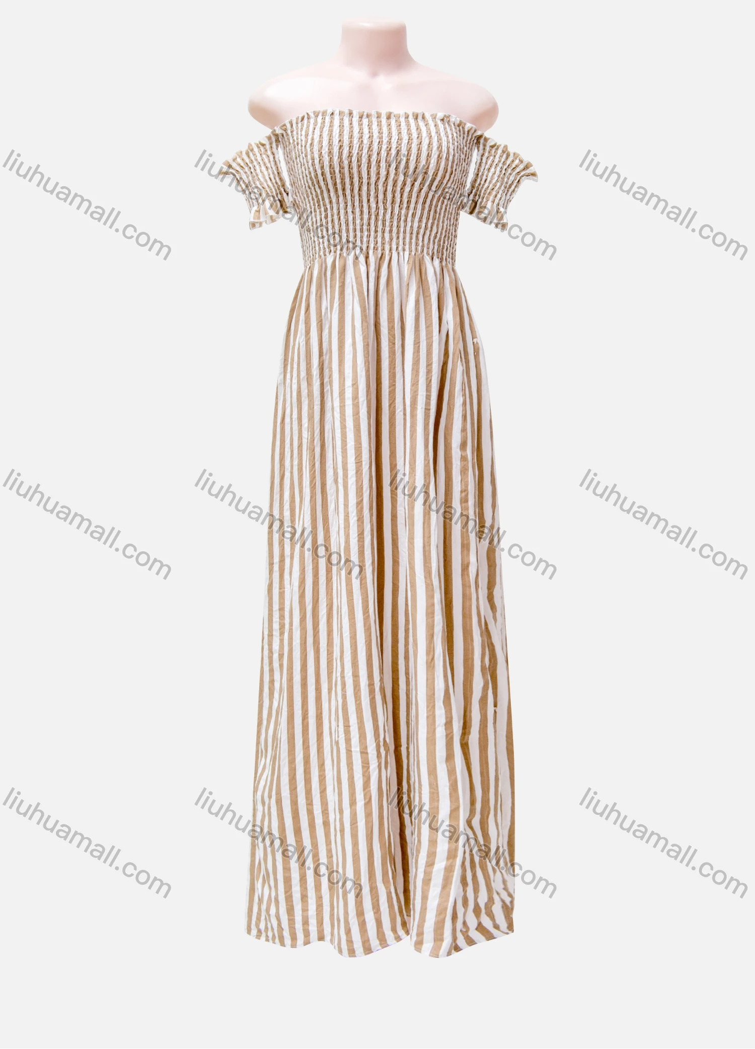 Wholesale Women's Casual Striped Shirred Off Shoulder Ruffle Hem Maxi Dress - Liuhuamall