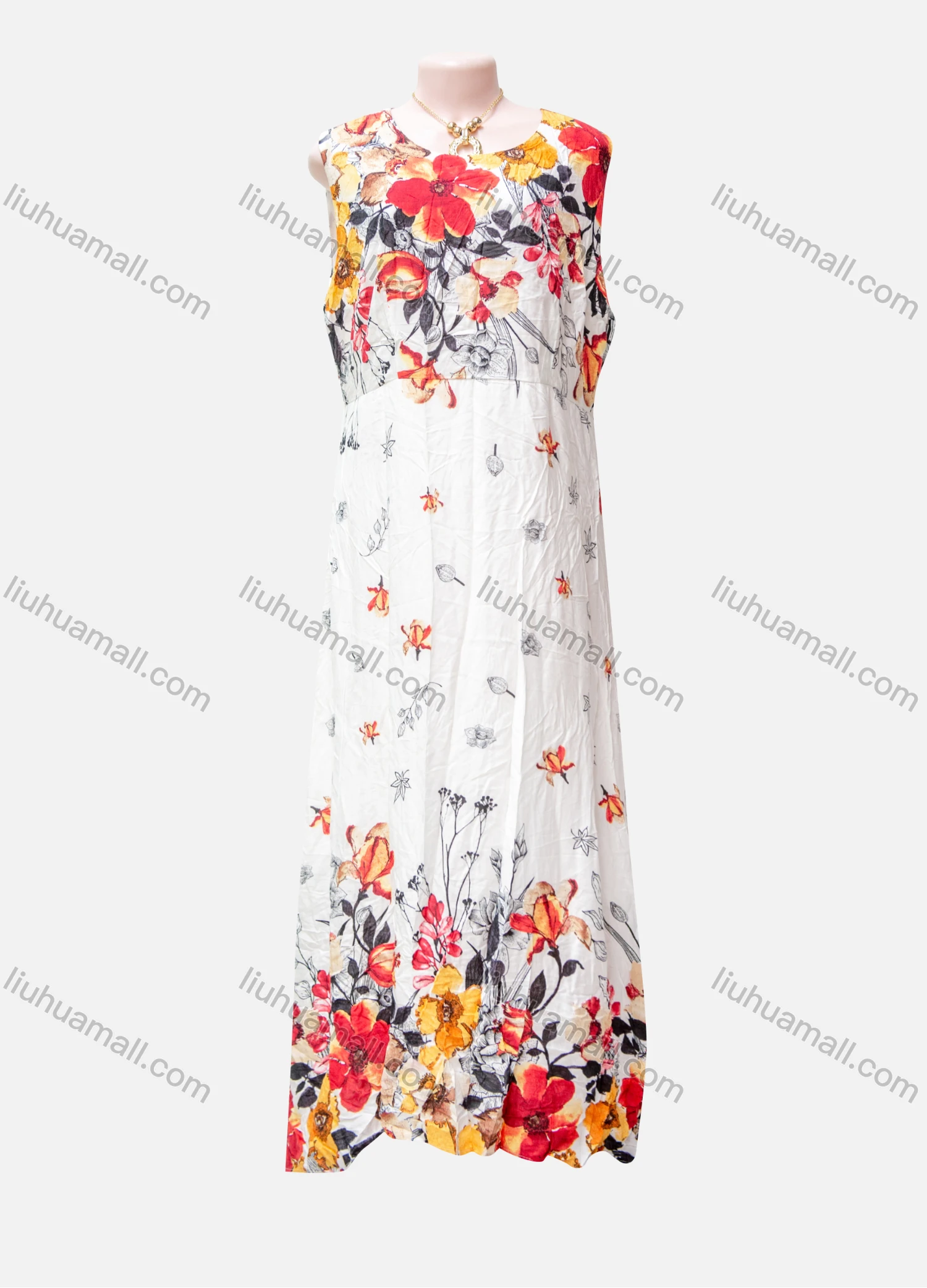 Wholesale Women's Casual Floral Print Round Neck Ruffle Hem Midi Tank Dress - Liuhuamall