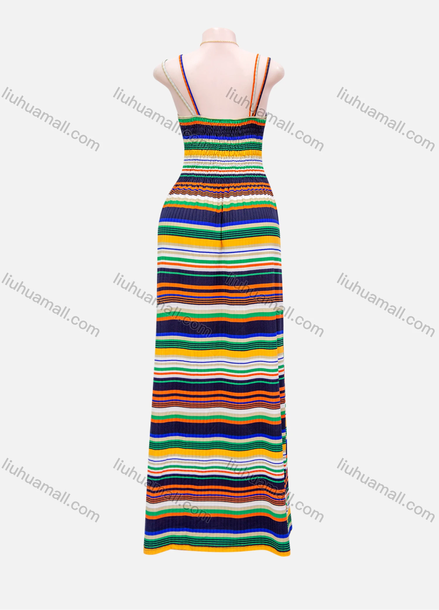 Wholesale Women's Casual Colorblock Striped Scoop Neck Cut Out Lace Shirred Ruffle Hem Maxi Cami Dress - Liuhuamall