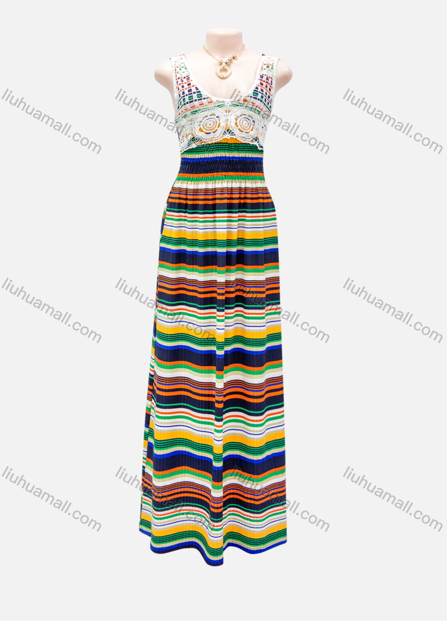 Wholesale Women's Casual Colorblock Striped Scoop Neck Cut Out Lace Shirred Ruffle Hem Maxi Cami Dress - Liuhuamall