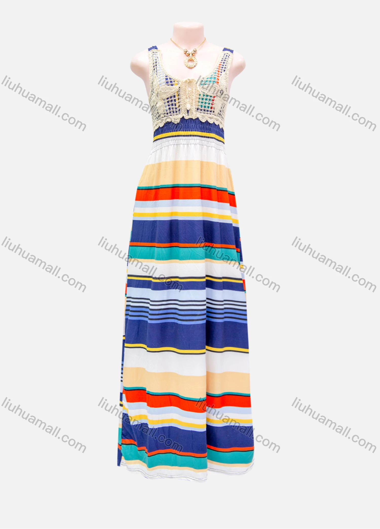 Wholesale Women's Casual Colorblock Striped Scoop Neck Cut Out Lace Shirred Ruffle Hem Maxi Cami Dress - Liuhuamall