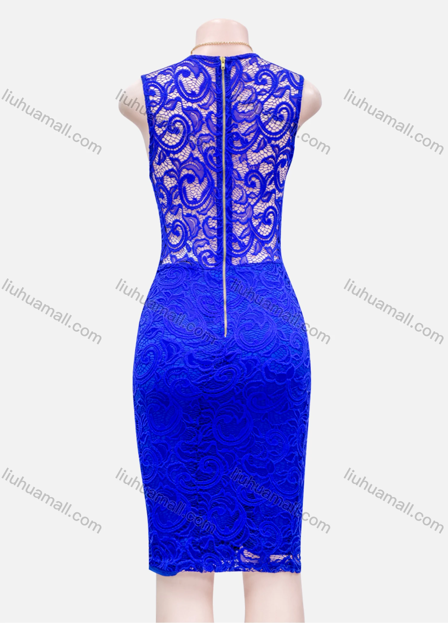 Wholesale Women's Casual Plain Guipure Lace Round Neck Zip Back Bodycon Knee Length Tank Dress - Liuhuamall