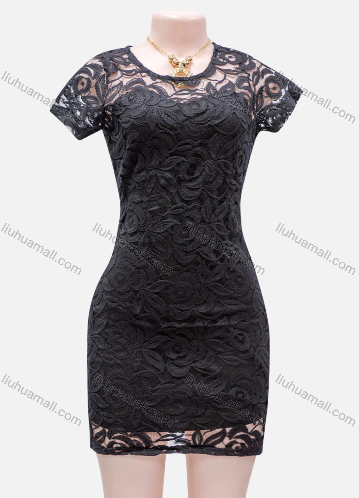 Wholesale Women's Plain Lace Applique Round Neck Sheer Short Sleeve Short Dress - Liuhuamall