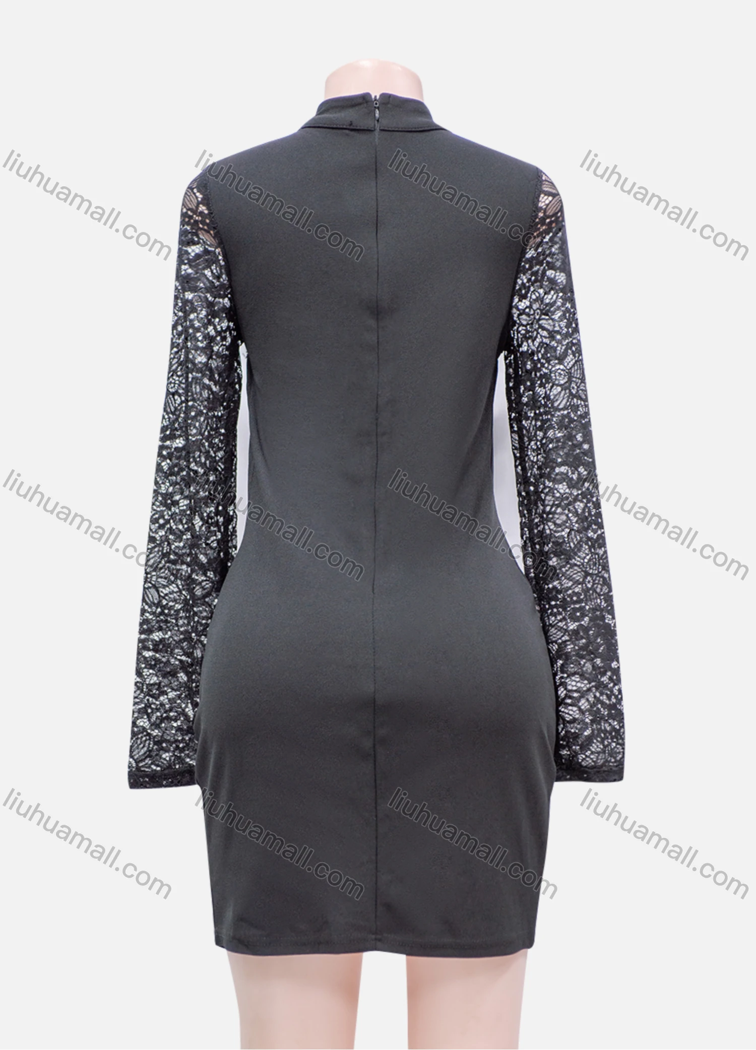 Wholesale Women's Plain Guipure Lace Mock Neck Cut Out Zip Back Long Sleeve Short Dress - Liuhuamall
