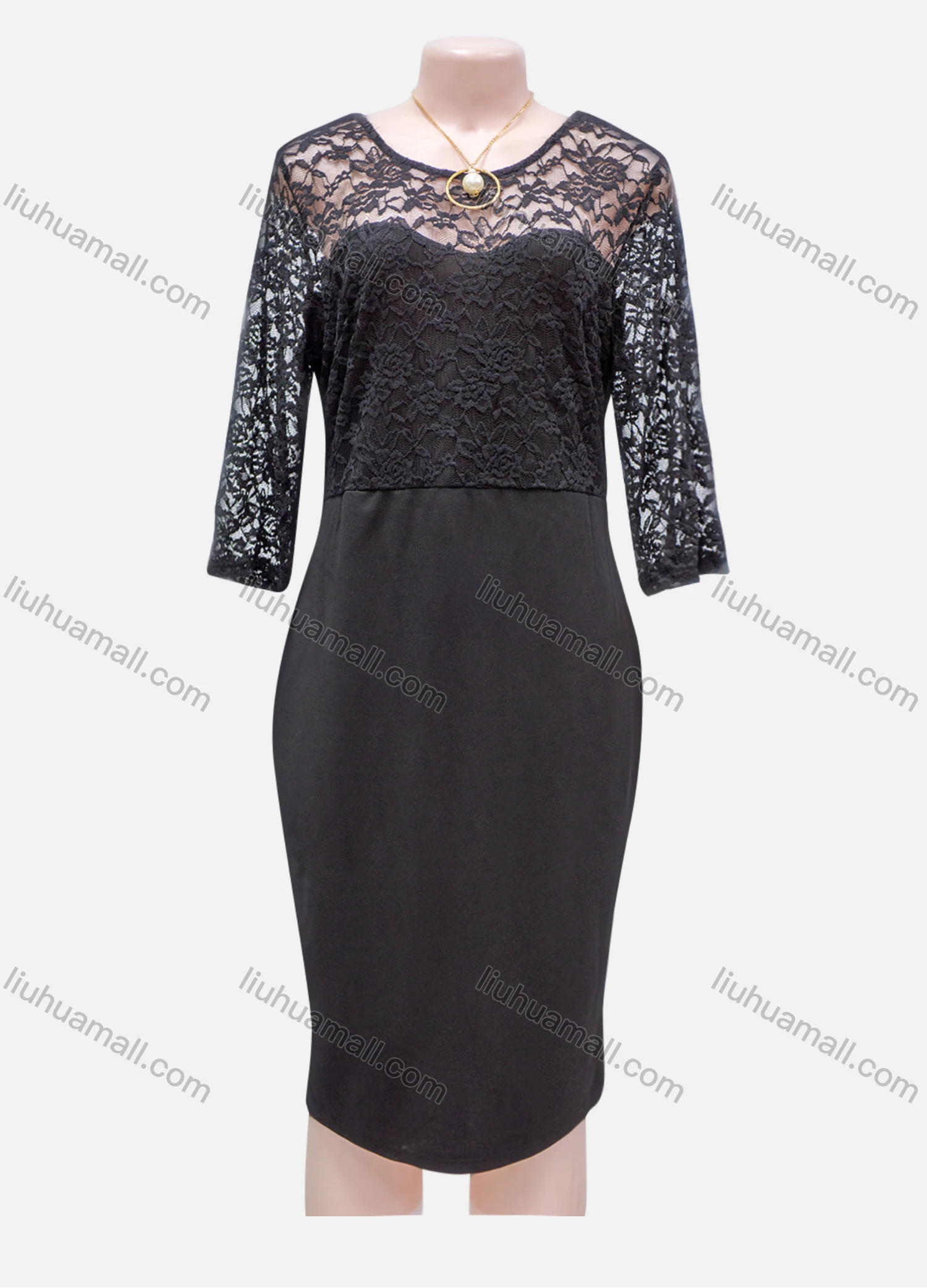 Wholesale Women's Plain Guipure Lace Round Neck Zip Back Long Sleeve Knee Length Dress - Liuhuamall