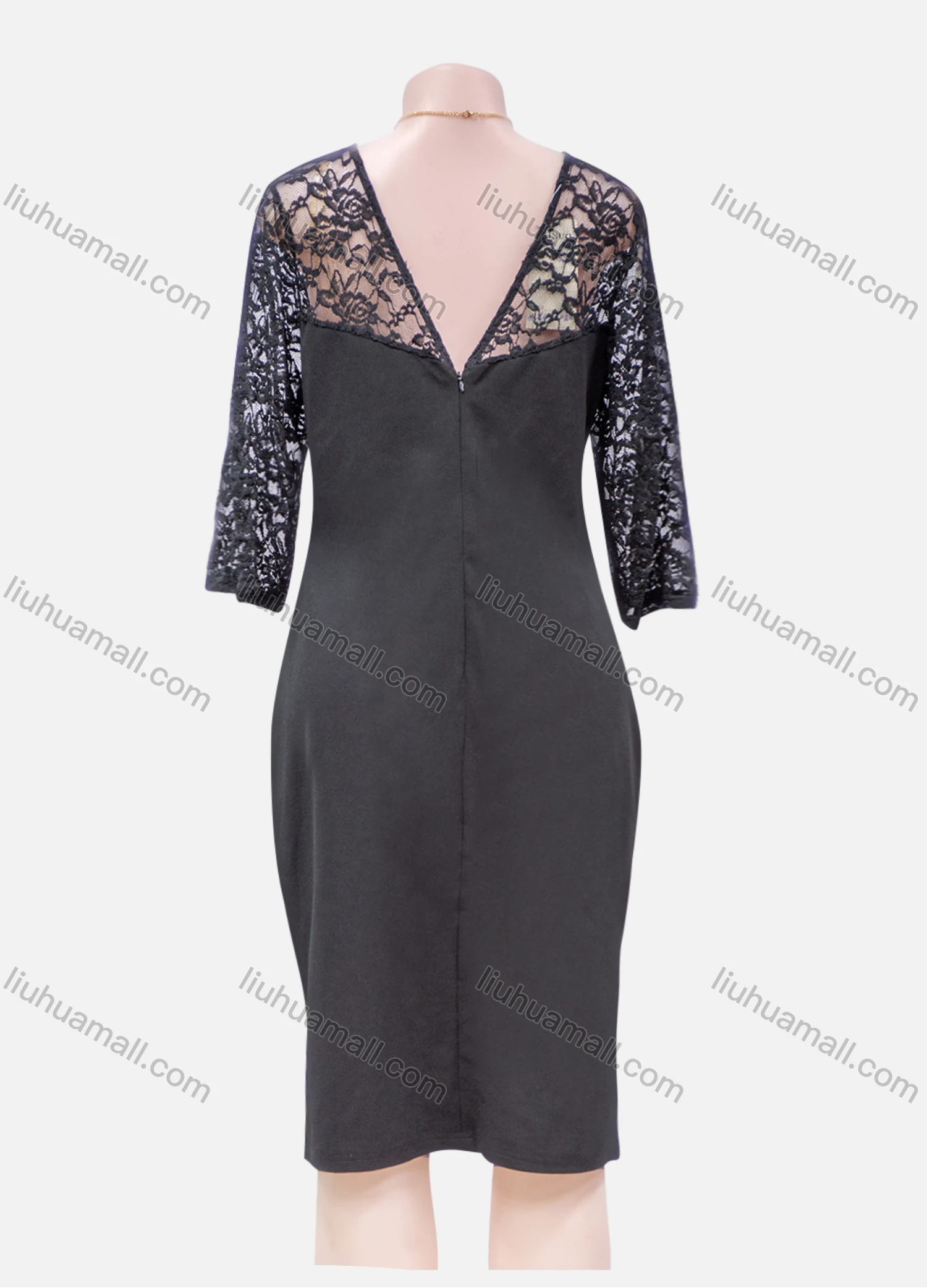 Wholesale Women's Plain Guipure Lace Round Neck Zip Back Long Sleeve Knee Length Dress - Liuhuamall