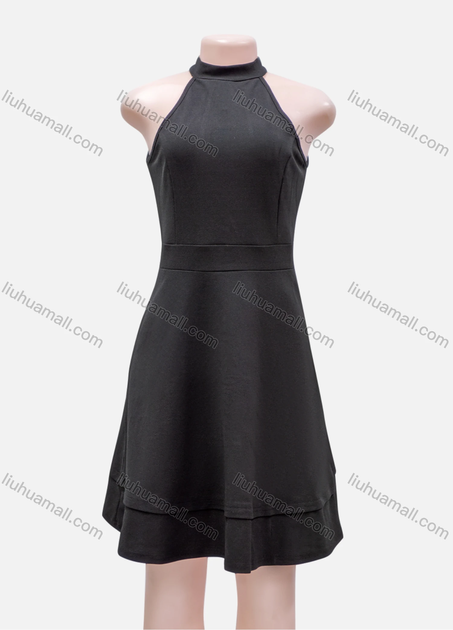 Wholesale Women's Sexy Plain Mock Neck Zip Back Ruffle Hem Short Dress - Liuhuamall