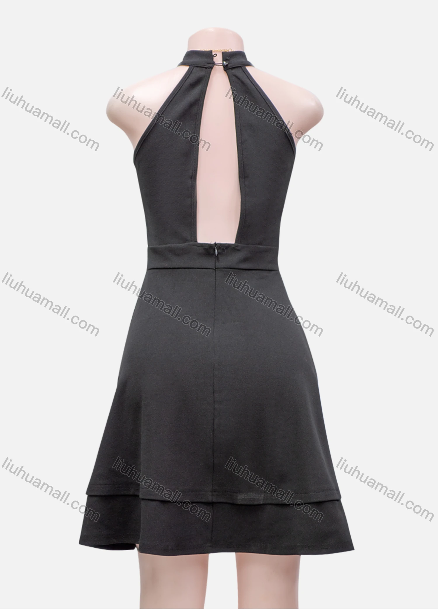 Wholesale Women's Sexy Plain Mock Neck Zip Back Ruffle Hem Short Dress - Liuhuamall