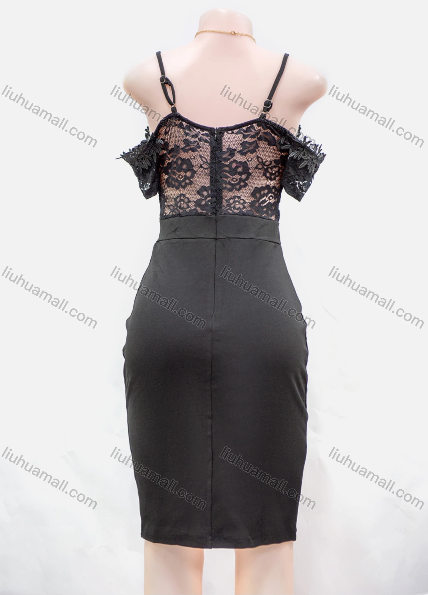 Wholesale Women's Sexy Plain Lace Appliques Guipure Lace Spaghetti Straps Zip Back Bodycon Short Cami Dress - Liuhuamall