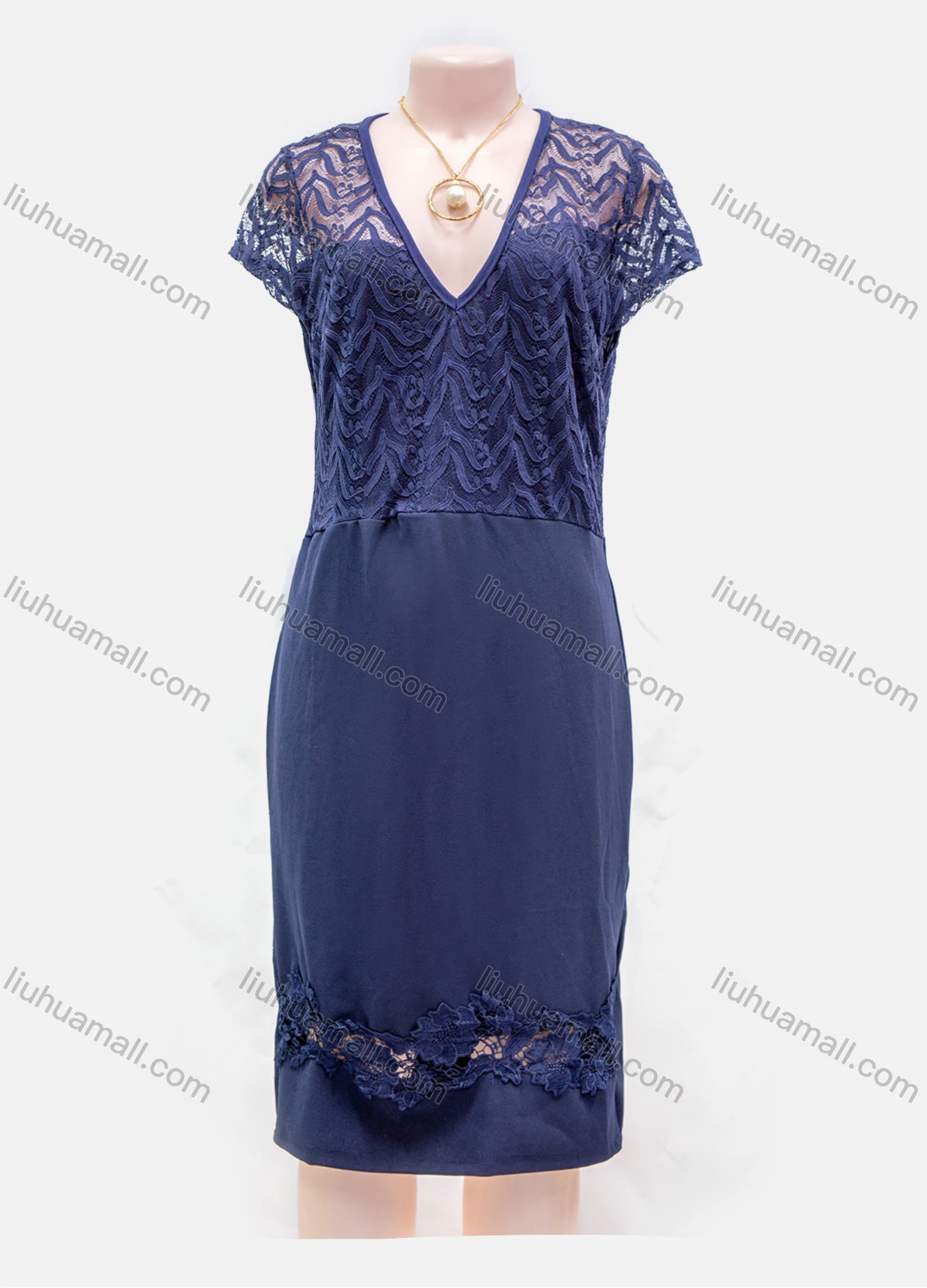 Wholesale Women's Plain Lace Appliques Guipure Lace V Neck Zip Back Short Dress - Liuhuamall