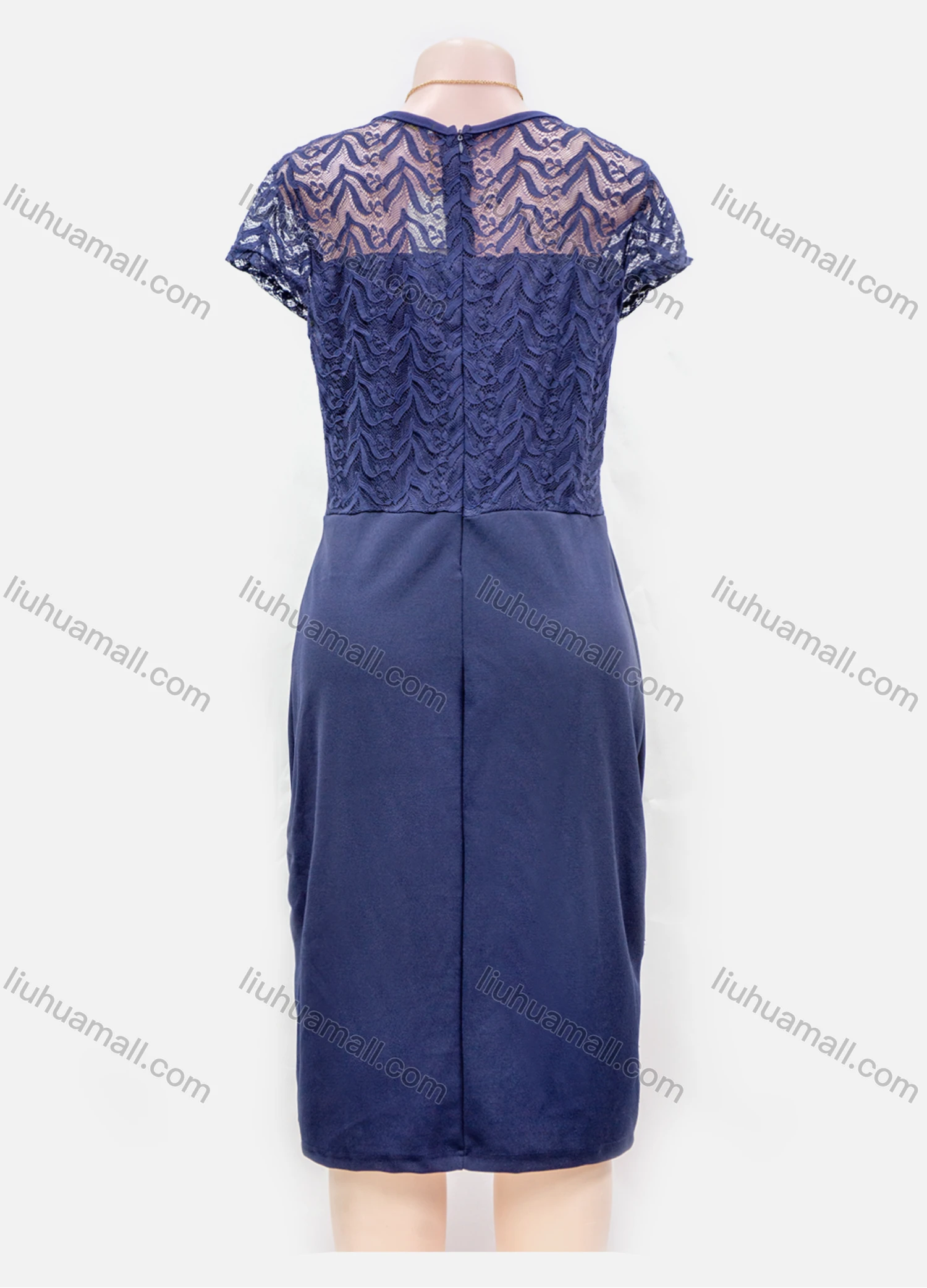 Wholesale Women's Plain Lace Appliques Guipure Lace V Neck Zip Back Short Dress - Liuhuamall