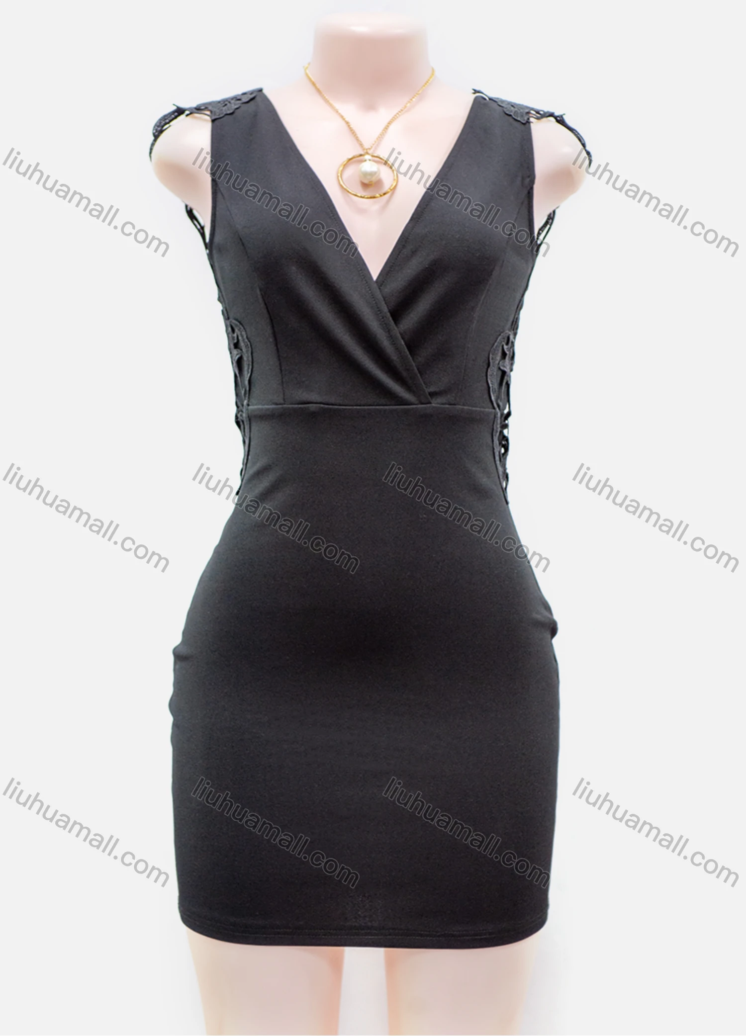 Wholesale Women's Lace Appliques Wrap V Neck Zip Back Bodycon Short Tank Dress - Liuhuamall