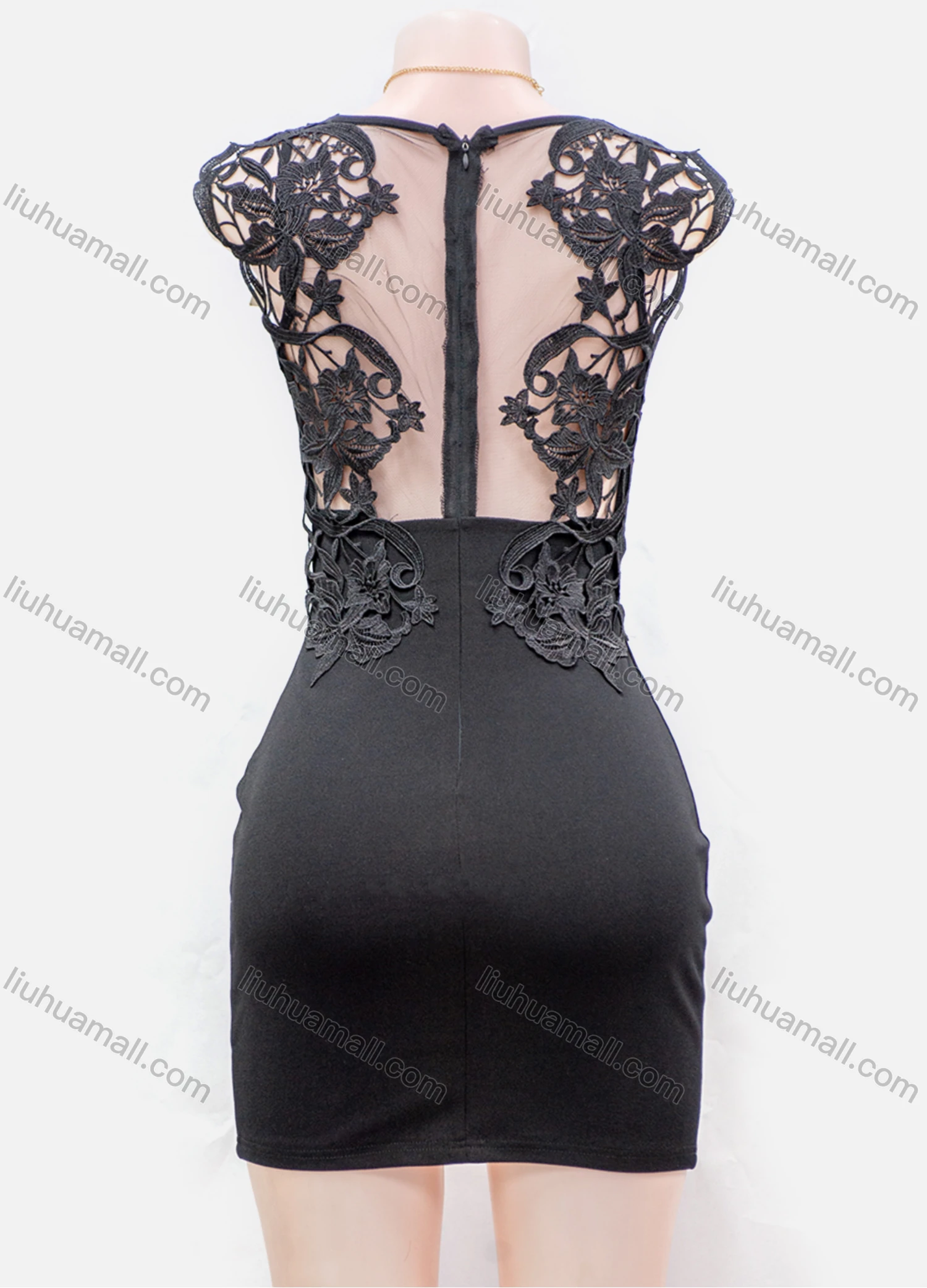 Wholesale Women's Lace Appliques Wrap V Neck Zip Back Bodycon Short Tank Dress - Liuhuamall