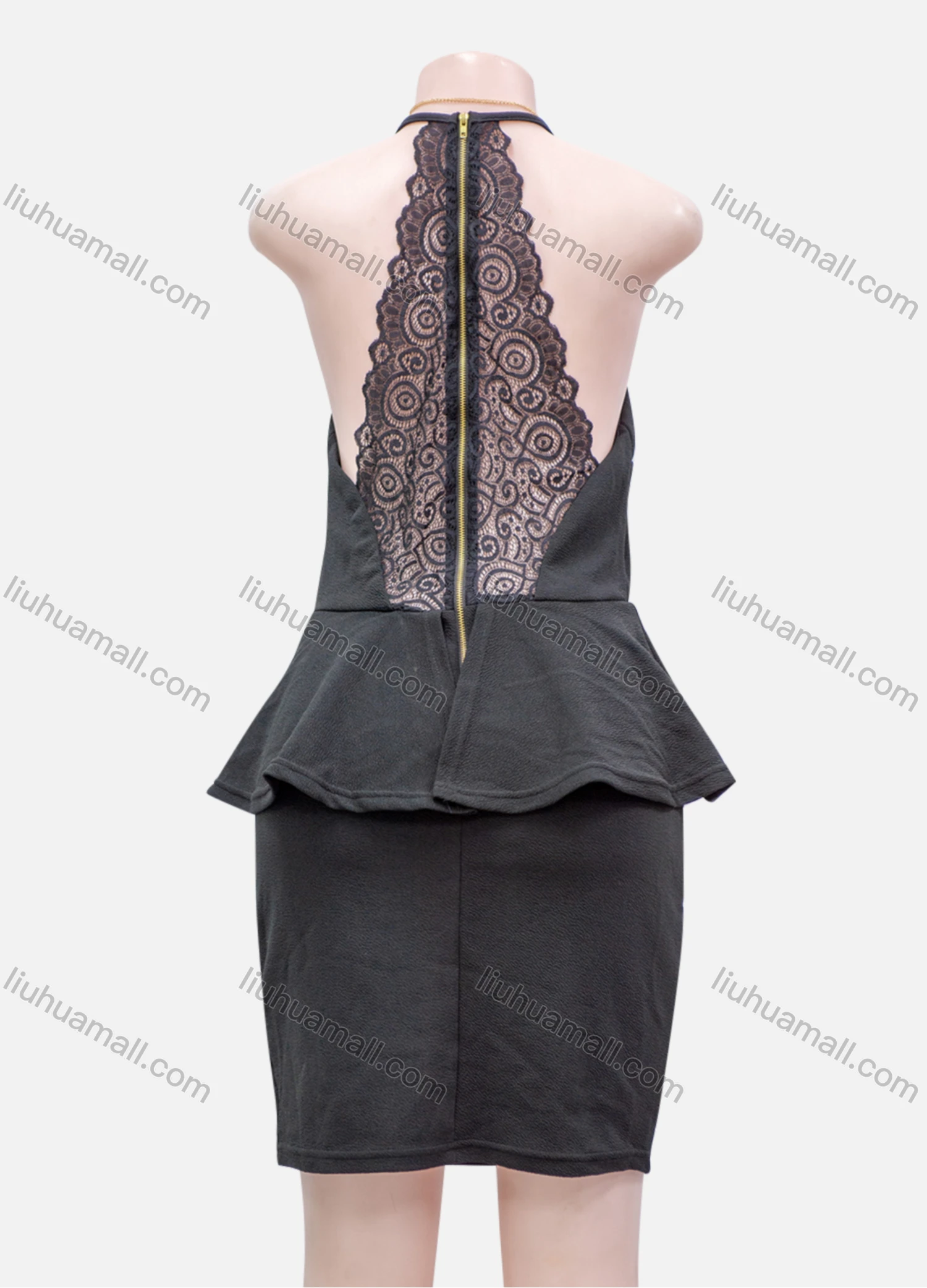 Wholesale Women's Plain Guipure Lace Zip Back Ruffle Trim Bodycon Short Cami Dress - Liuhuamall