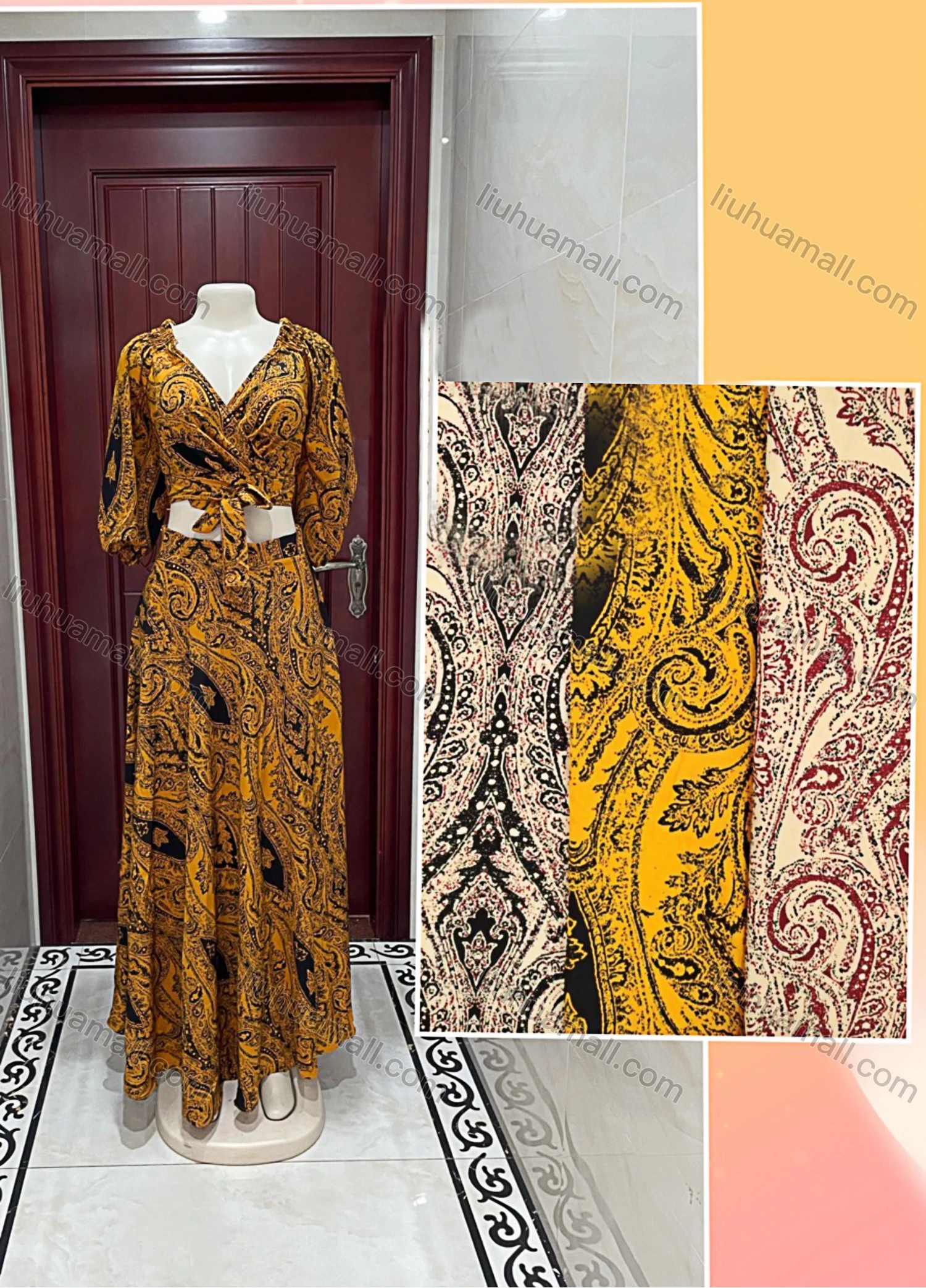 Wholesale Women's Boho Floral Print V Neck 3/4 Sleeve Crop Top & Long Skirt Sets - Liuhuamall