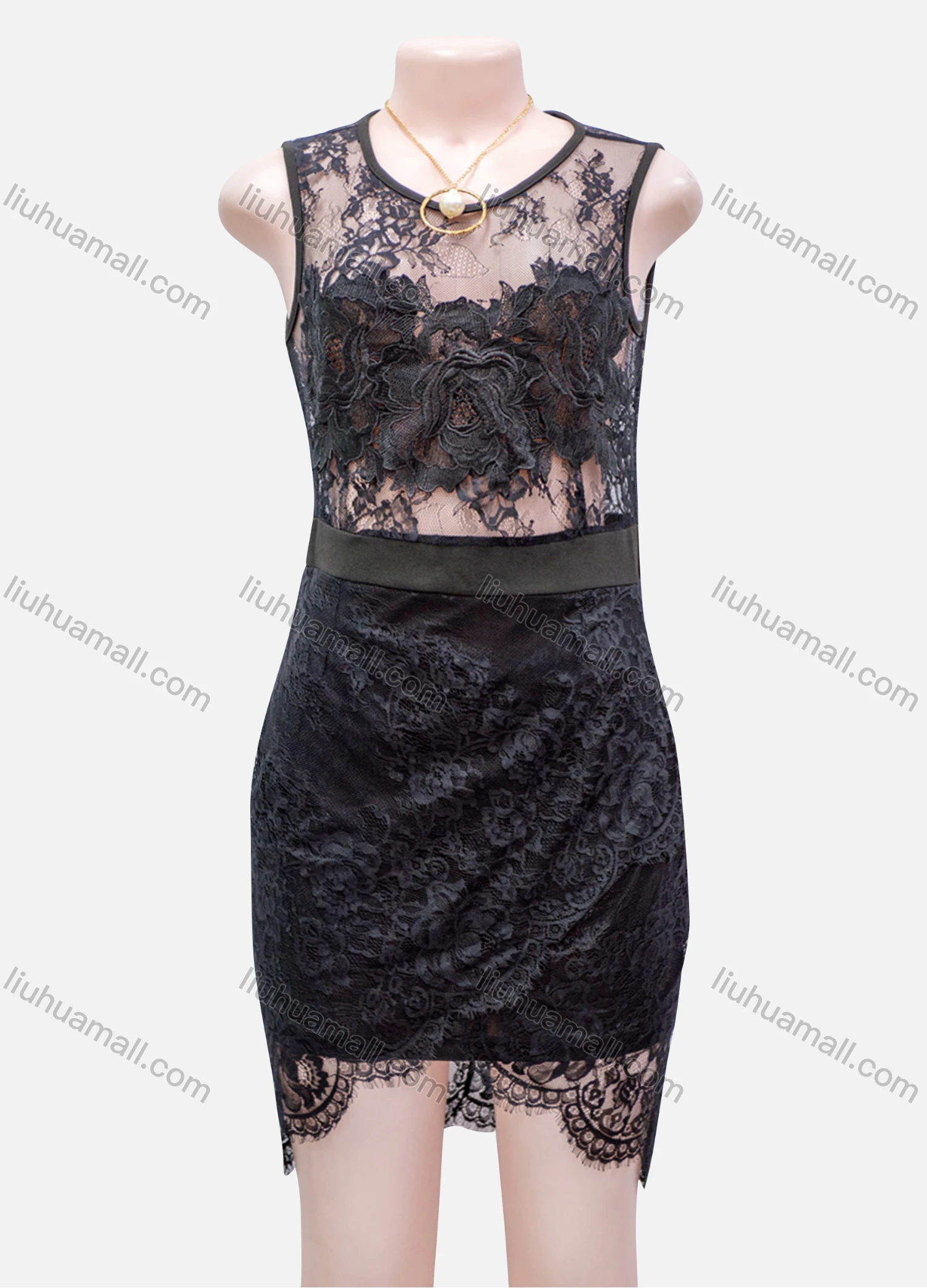Wholesale Women's Guipure Lace Round Neck Zip Back Bodycon Sheer Mesh Short Tank Dress - Liuhuamall
