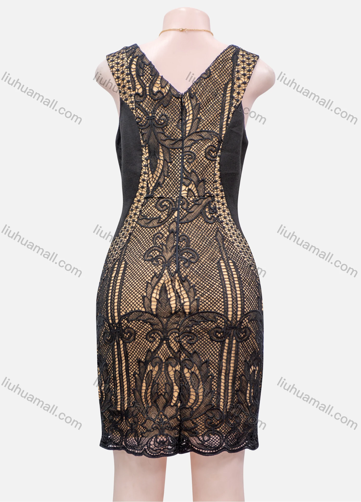 Wholesale Women's Guipure Lace V Neck Zip Back Bodycon Short Tank Dress - Liuhuamall