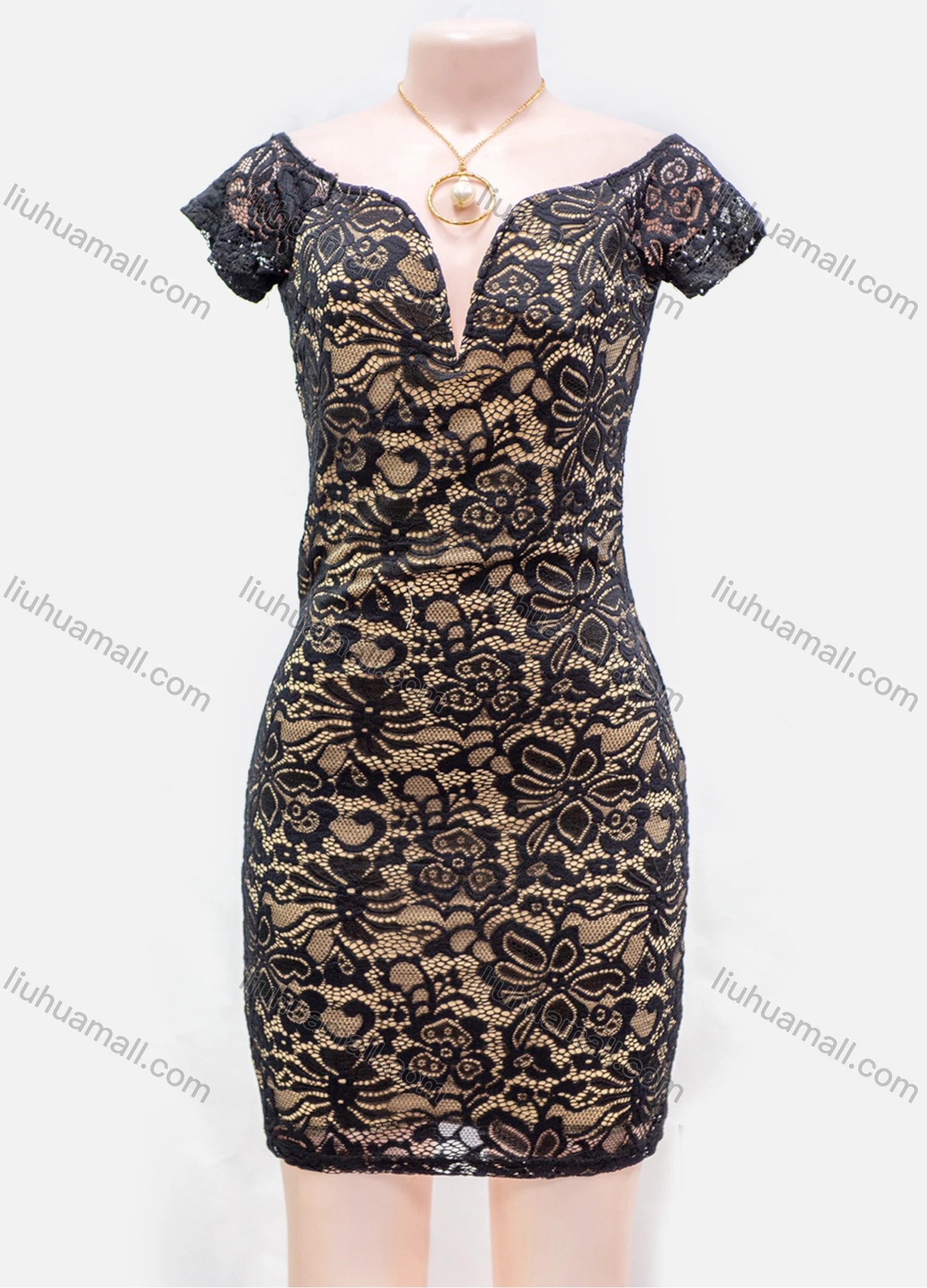 Wholesale Women's Guipure Lace Short Sleeve Bodycon Short Dress - Liuhuamall