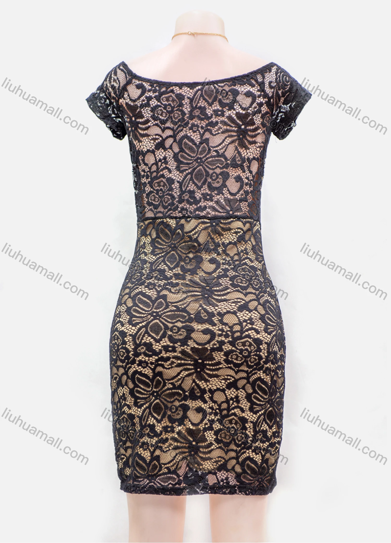 Wholesale Women's Guipure Lace Short Sleeve Bodycon Short Dress - Liuhuamall