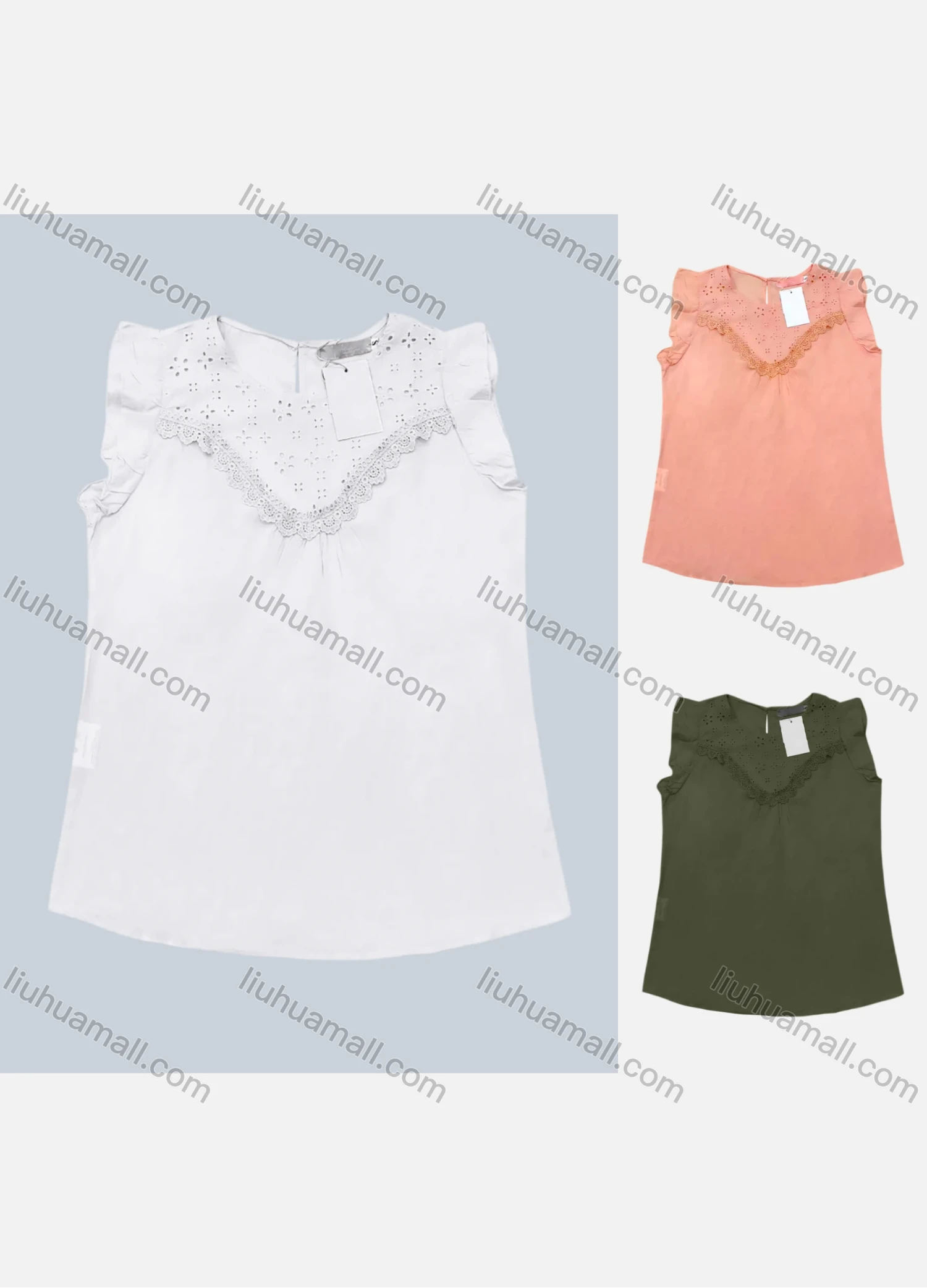 Wholesale Women's Casual Plain Round Neck Lace Trim Tank Top - Liuhuamall