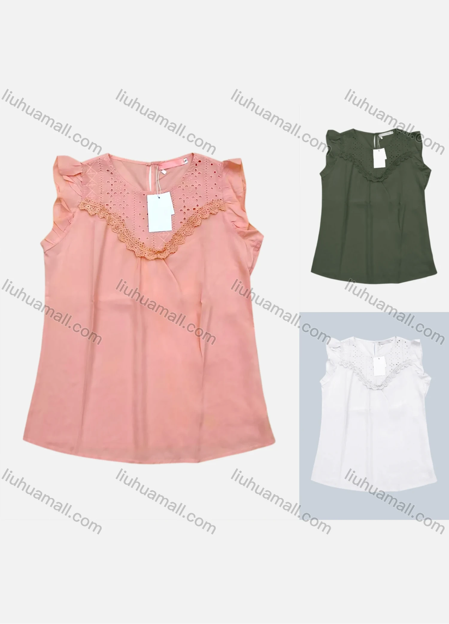 Wholesale Women's Casual Plain Round Neck Ruffle Trim Tank Top - Liuhuamall