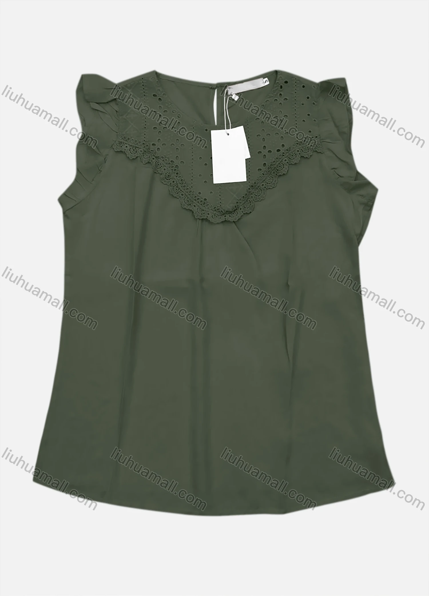 Wholesale Women's Casual Plain Round Neck Ruffle Trim Tank Top - Liuhuamall