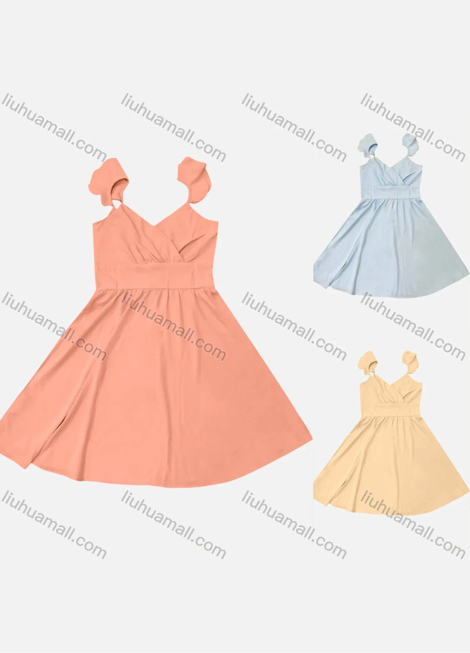 Wholesale Women's Casual Plain Cold Shoulder Wrap V Neck Ruffle Sleeve Midi Dress - Liuhuamall